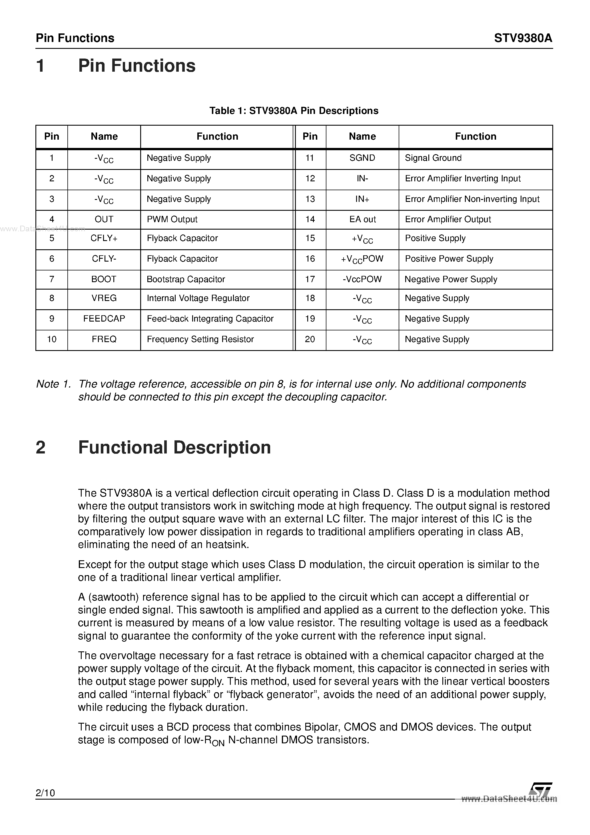 Datasheet STV9380A - CLASS-D VERTICAL DEFLECTION AMPLIFIER page 2