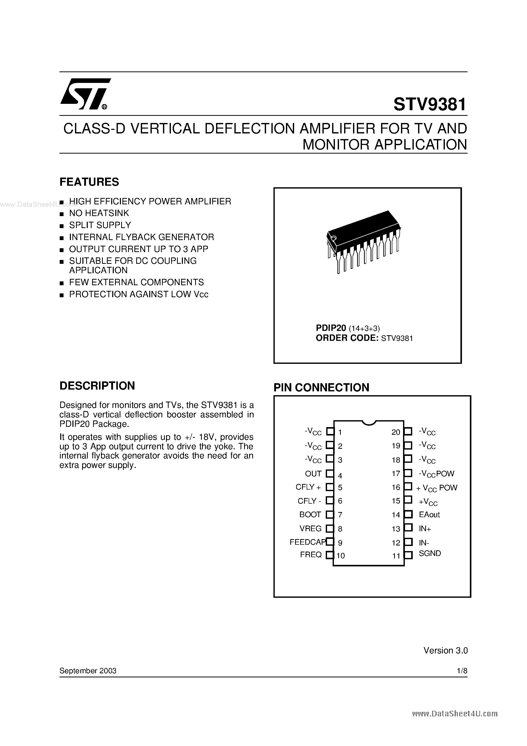 Datasheet STV9381 - CLASS-D VERTICAL DEFLECTION AMPLIFIER page 1