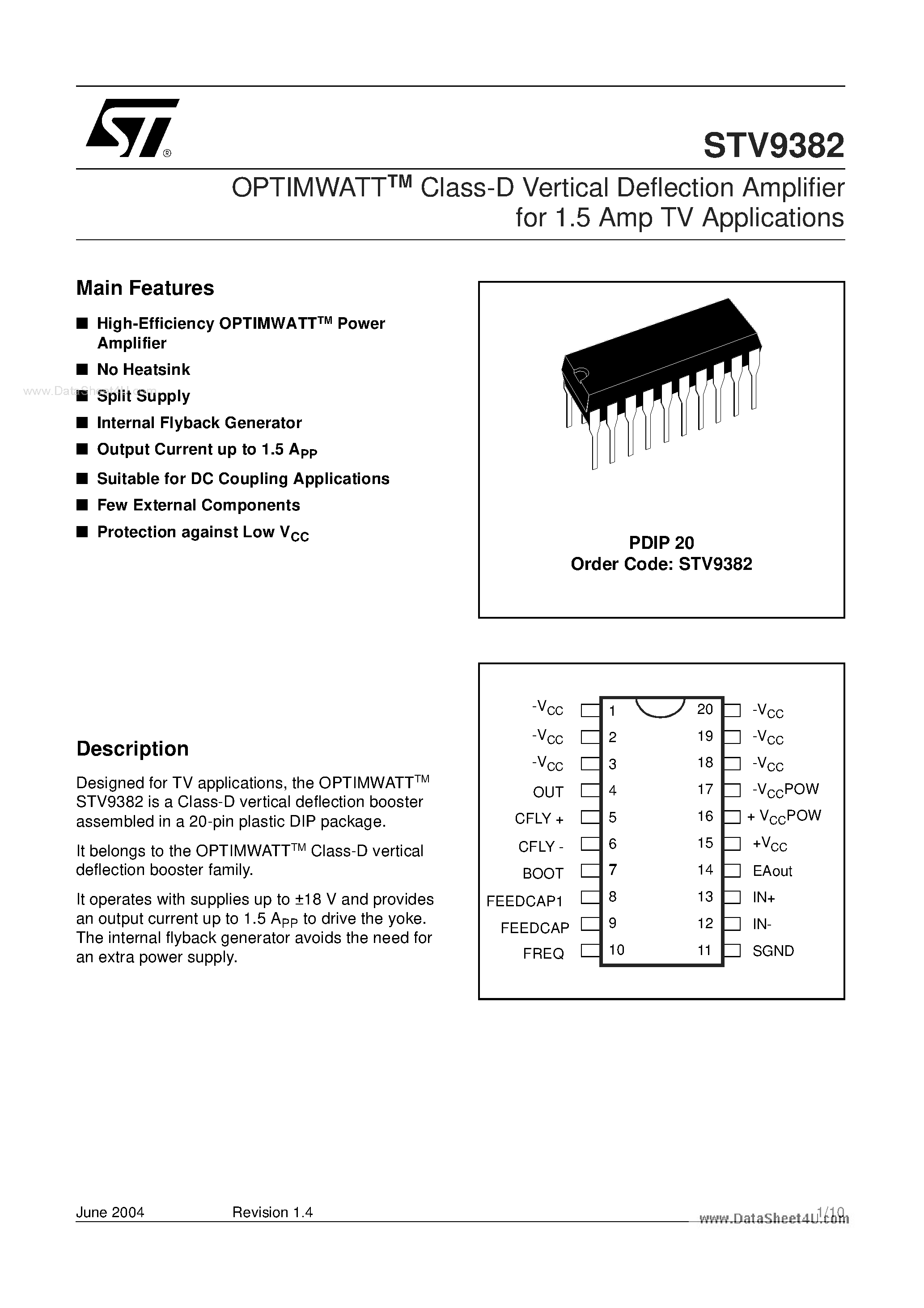 Datasheet STV9382 - CLASS-D VERTICAL DEFLECTION AMPLIFIER page 1