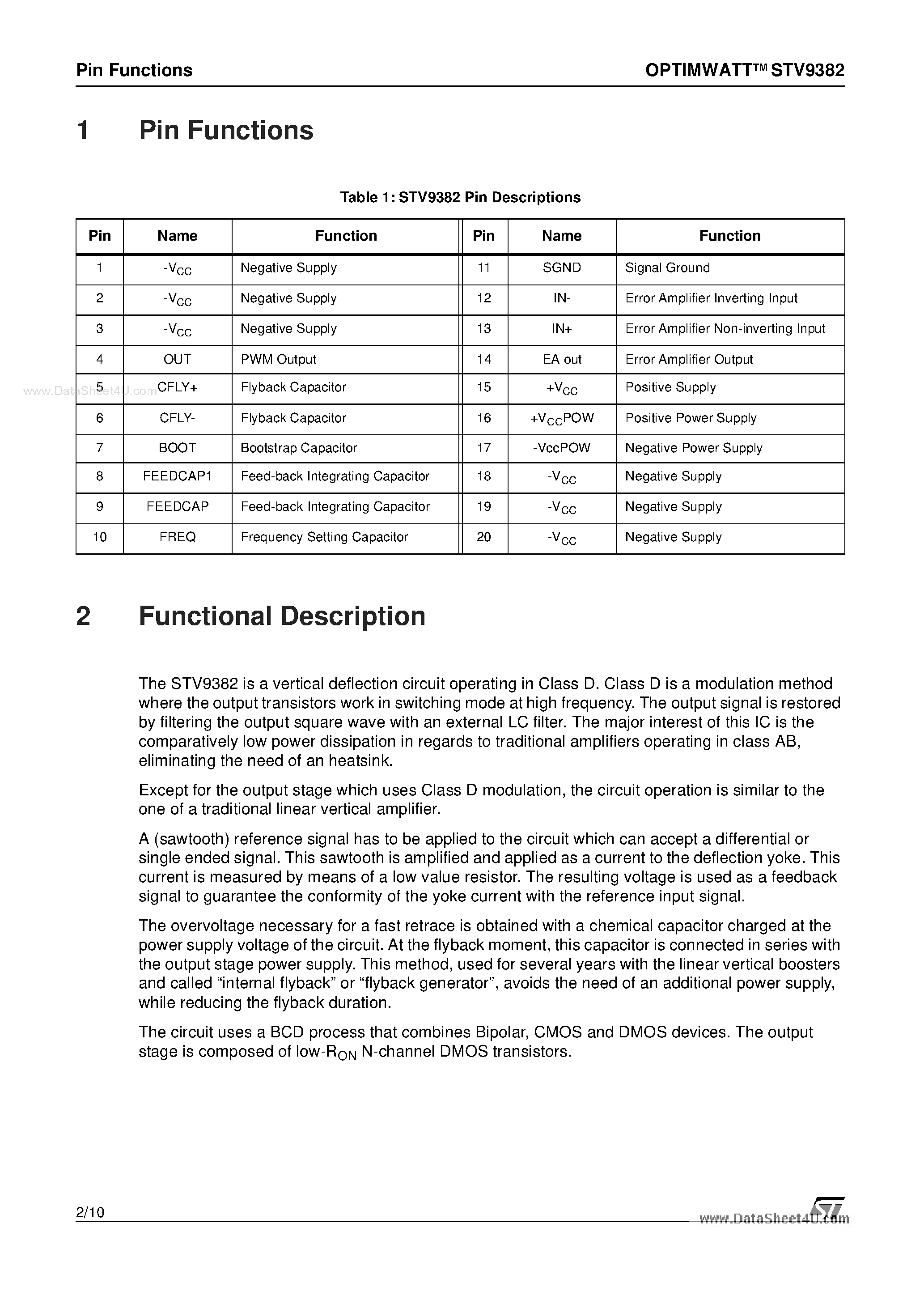 Datasheet STV9382 - CLASS-D VERTICAL DEFLECTION AMPLIFIER page 2