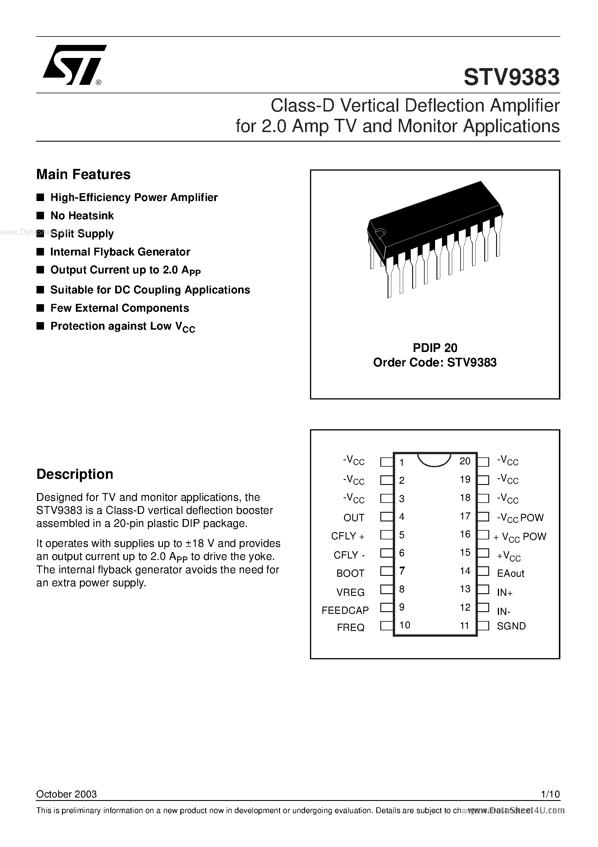 Datasheet STV9383 - CLASS-D VERTICAL DEFLECTION AMPLIFIER page 1