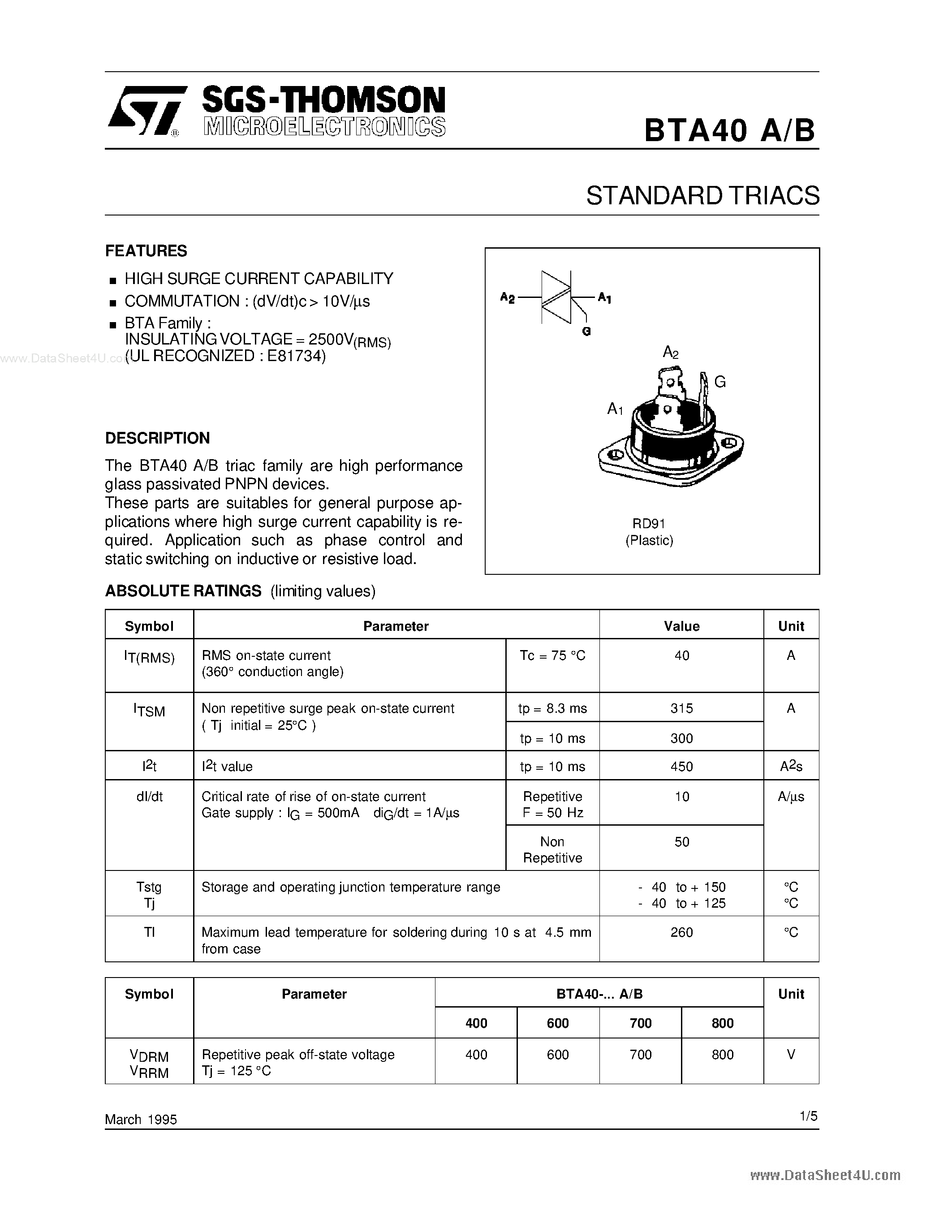 Даташит BTA40-400A - (BTA40-xxxx) Standard triac страница 1
