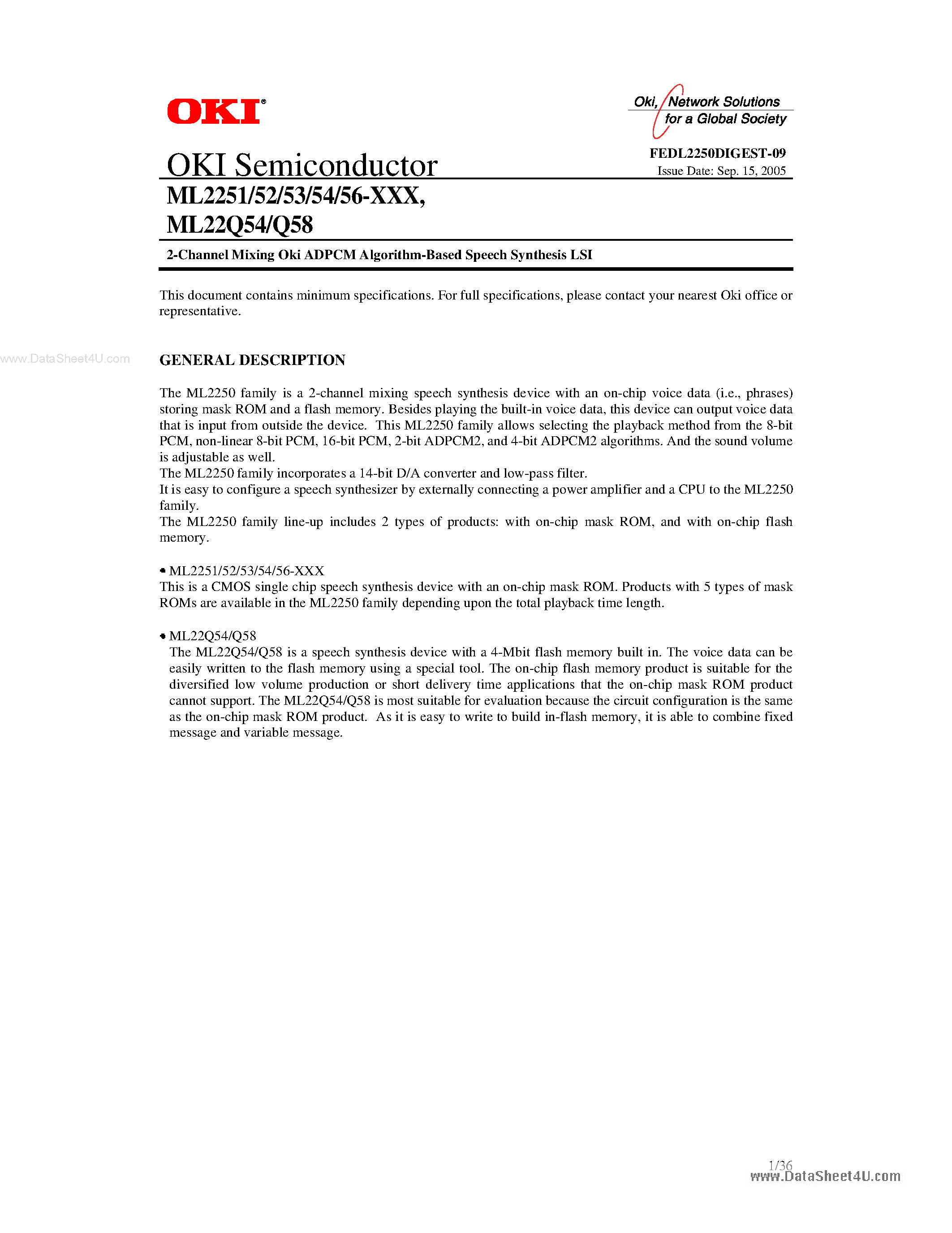 Даташит на микросхему ML22Q58 страница 1 Даташит ML22Q58 - 2-Channel Mixing Oki ADPCM Algorithm-Based Speech Synthesis LSI страница 1