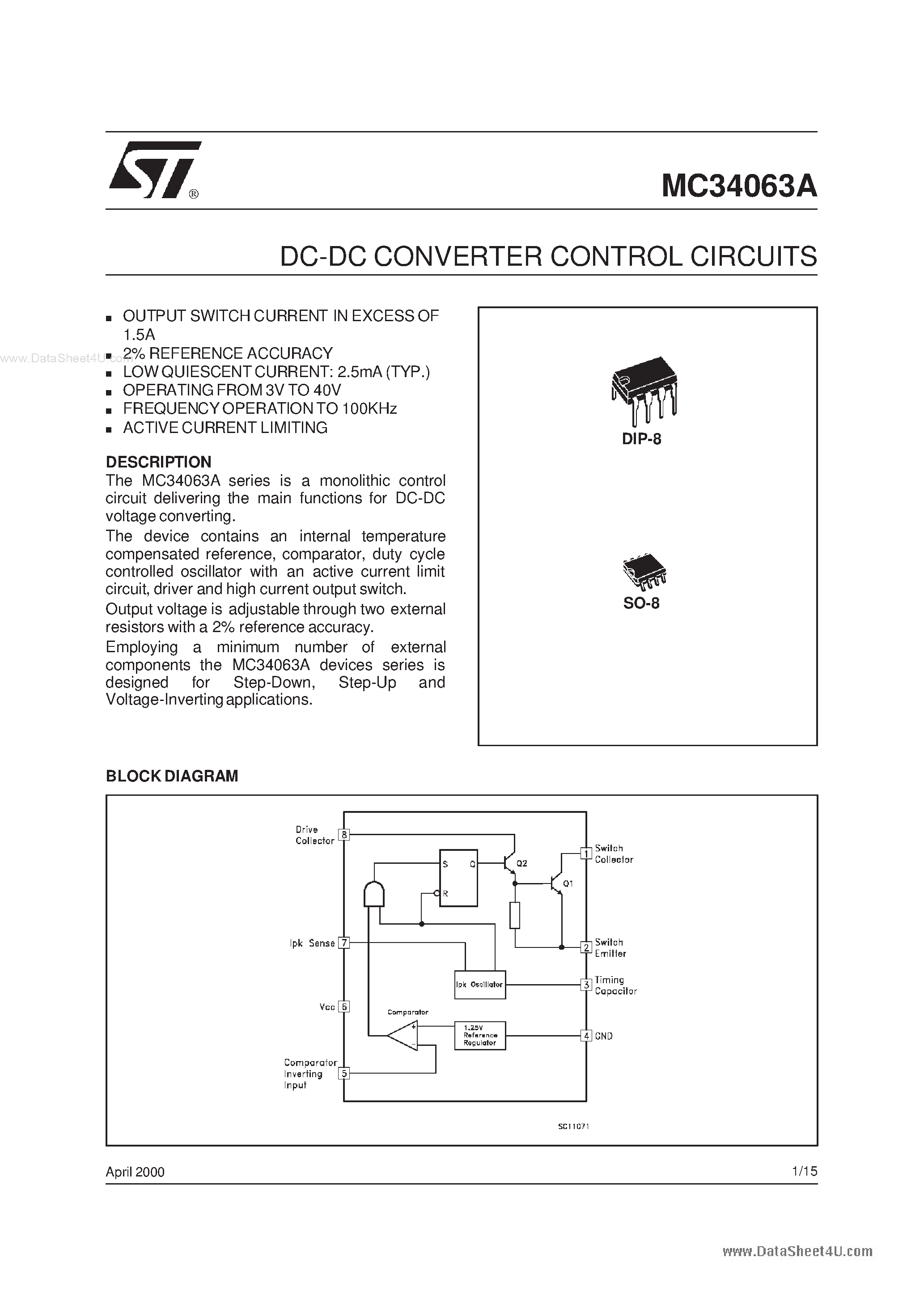 Datasheet MC34063A - DC-DC CONVERTER CONTROL CIRCUITS page 1