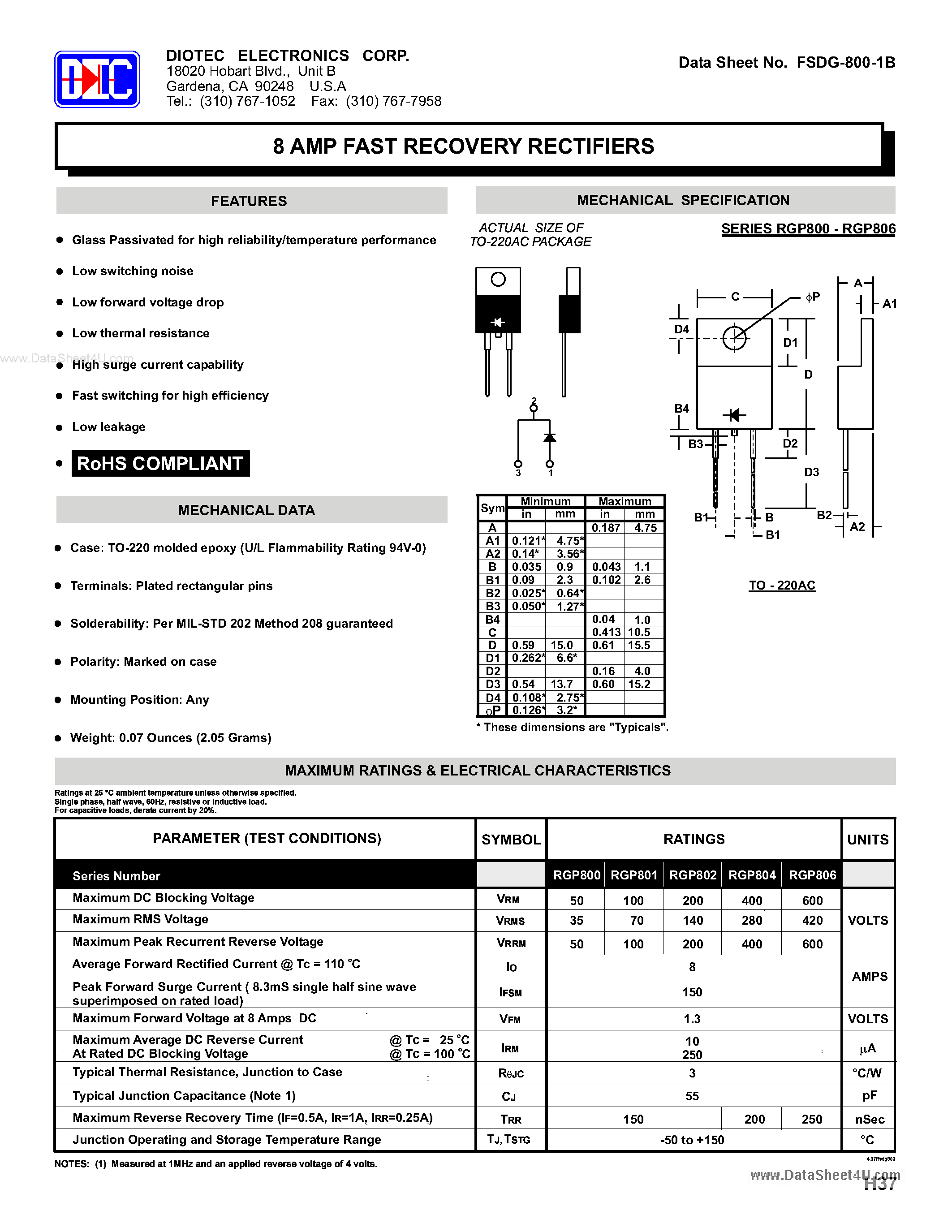 Даташит RGP800 - (RGP800 - RGP806) 8 AMP FAST RECOVERY RECTIFIERS страница 1
