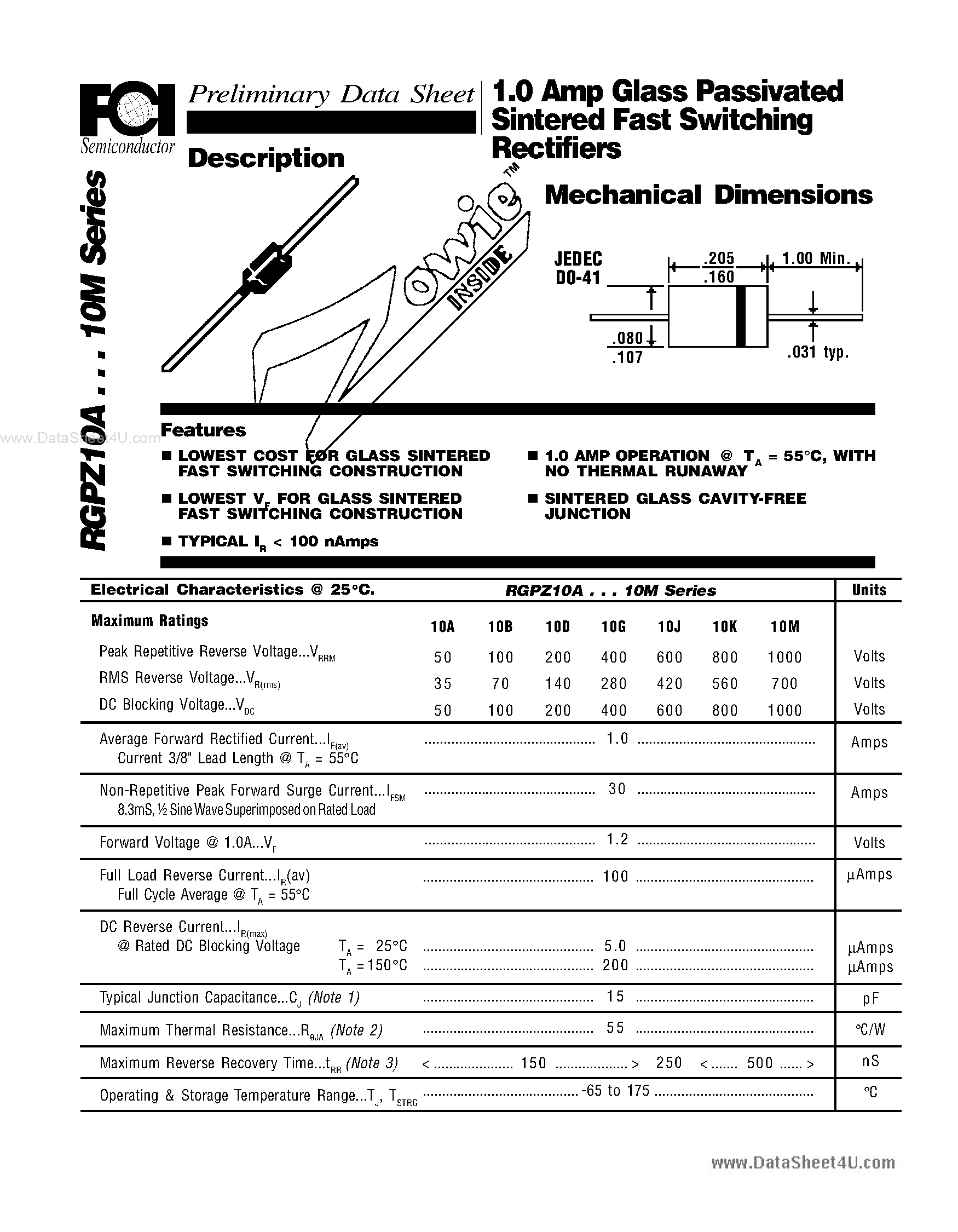 Datasheet RGPZ10A page 1 Datasheet RGPZ10A - (RGPZ10x) 1.0 Amp Glass Passivated Sintered Fast Switching Rectifiers Mechanical Dimensions page 1