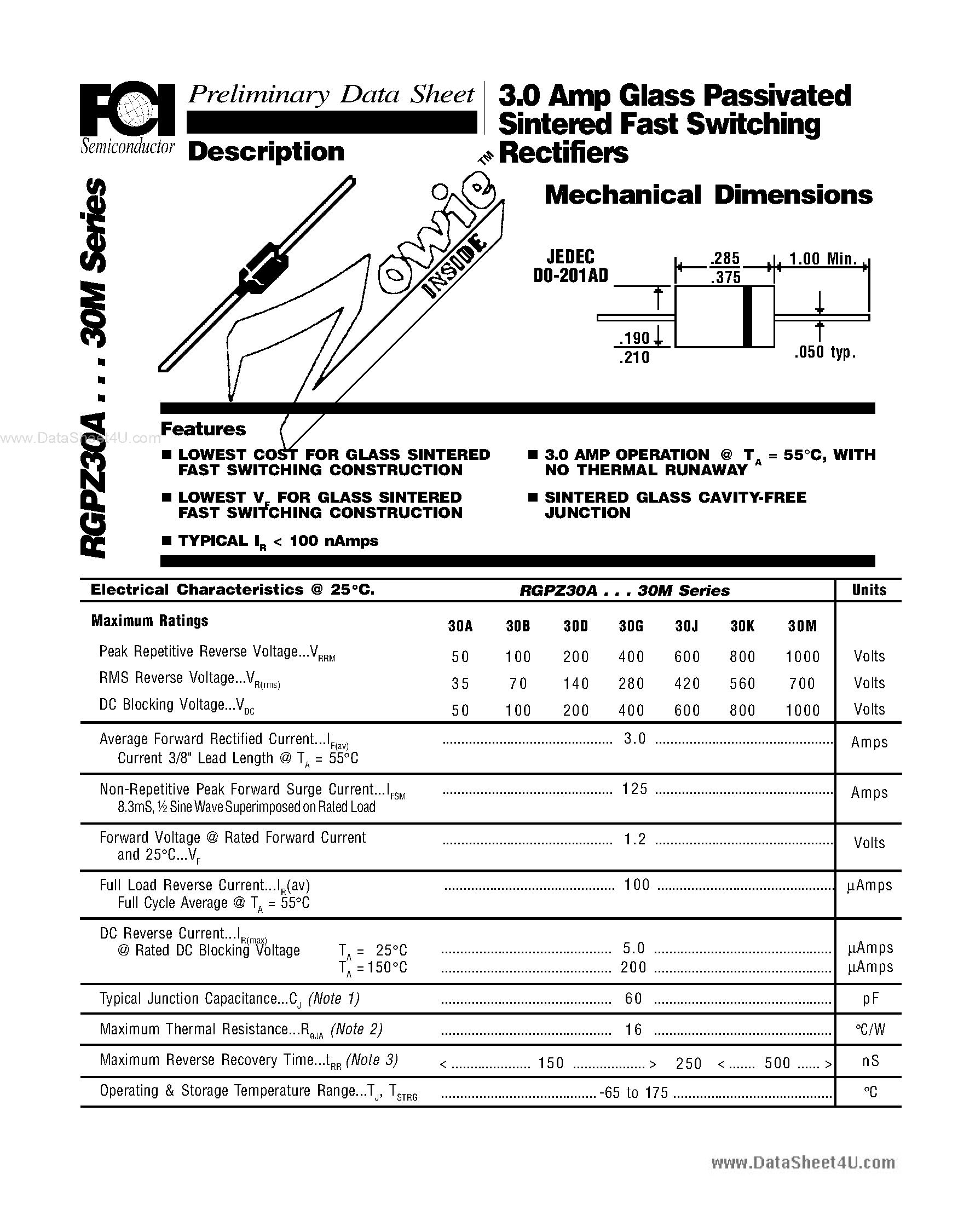 Datasheet RGPZ30A - (RGPZ30x) 3.0 Amp Glass Passivated Sintered Fast Switching Rectifiers Mechanical Dimensions page 1