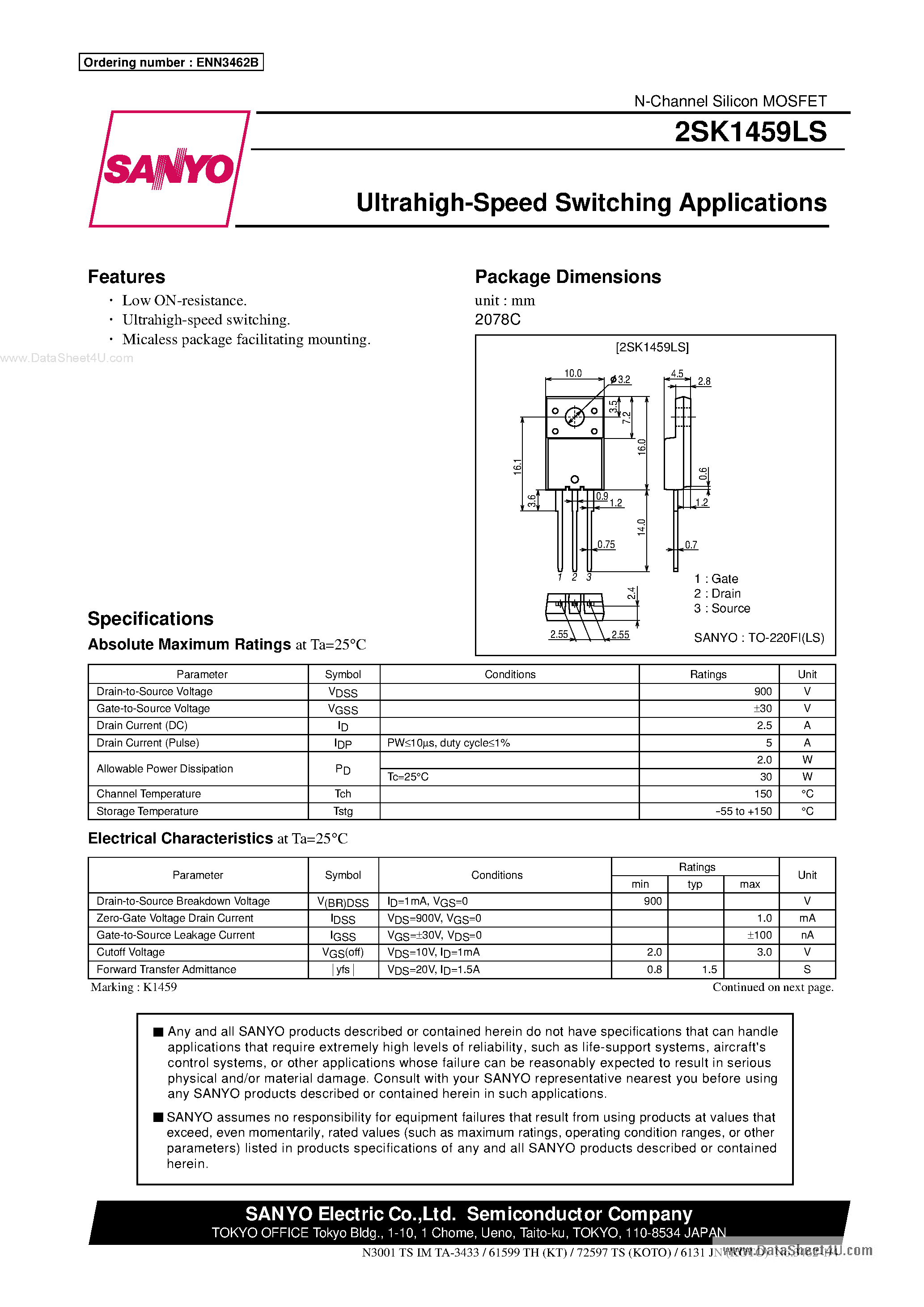 Даташит 2SK1459LS - Ultrahigh-Speed Switching Applications страница 1