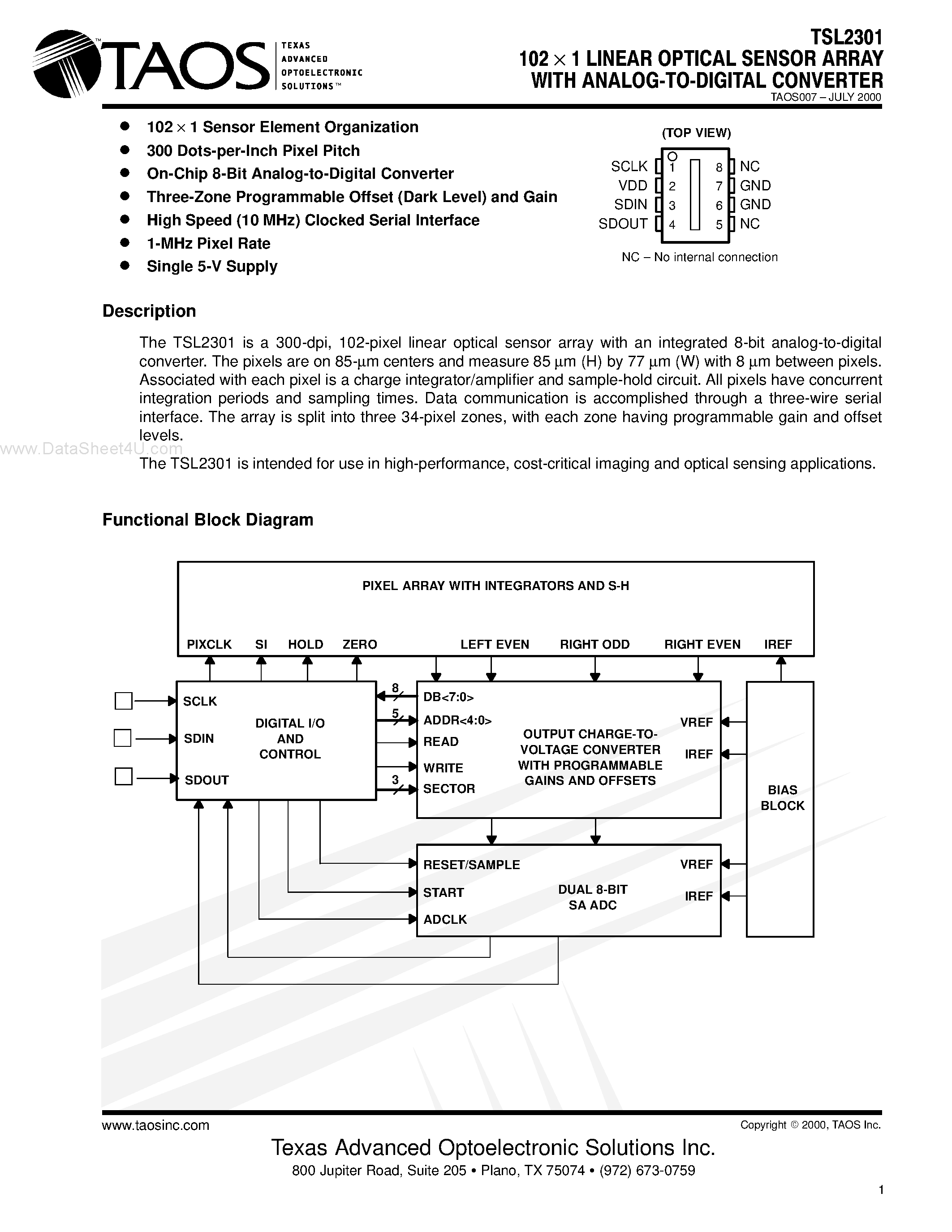 Datasheet TSL2301 page 1 Datasheet TSL2301 - 102 X 1 LINEAR OPTICAL SENSOR ARRAY page 1