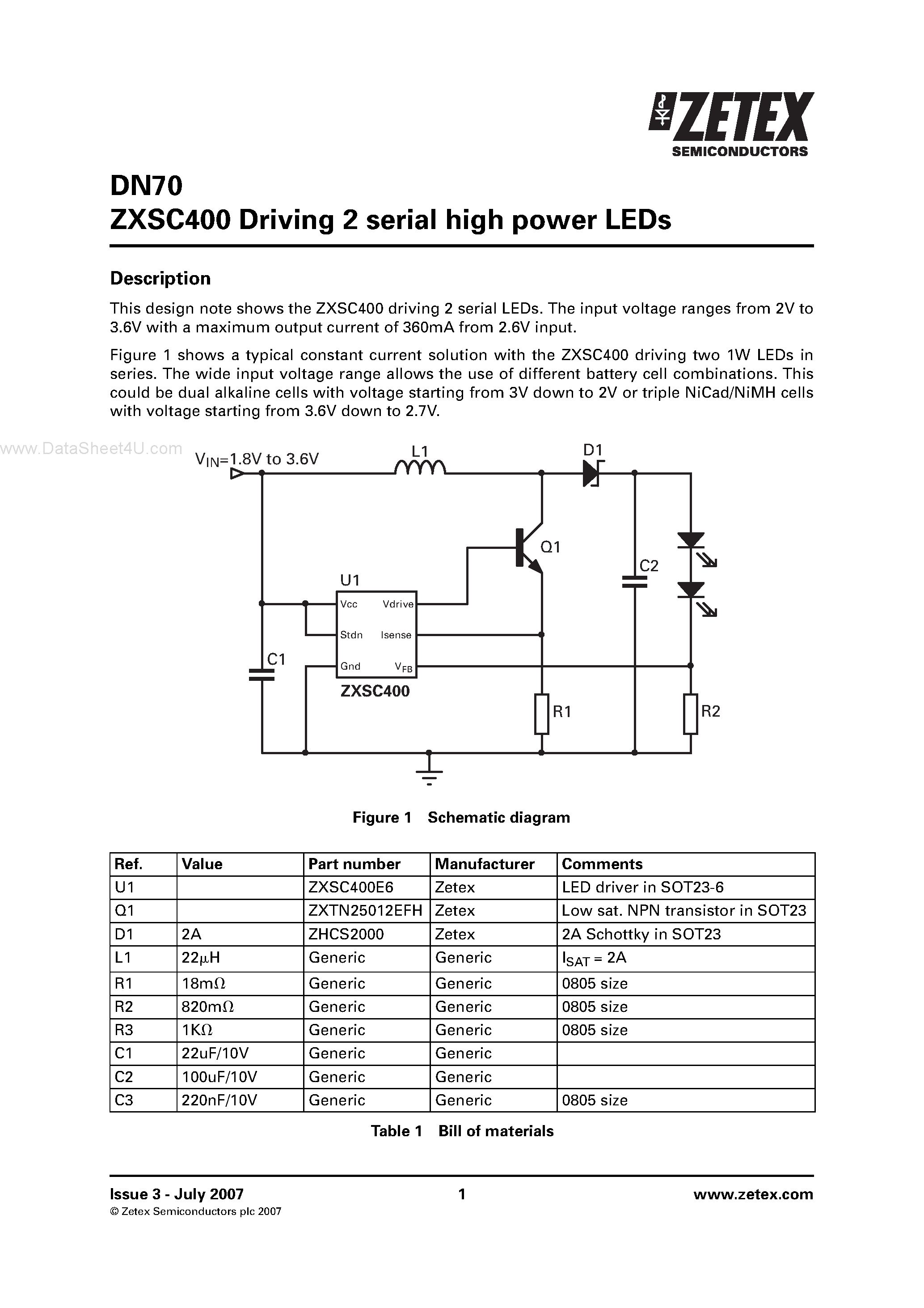 Даташит на микросхему DN70 страница 1 Даташит DN70 - ZXSC400 Driving 2 serial high power LEDs страница 1