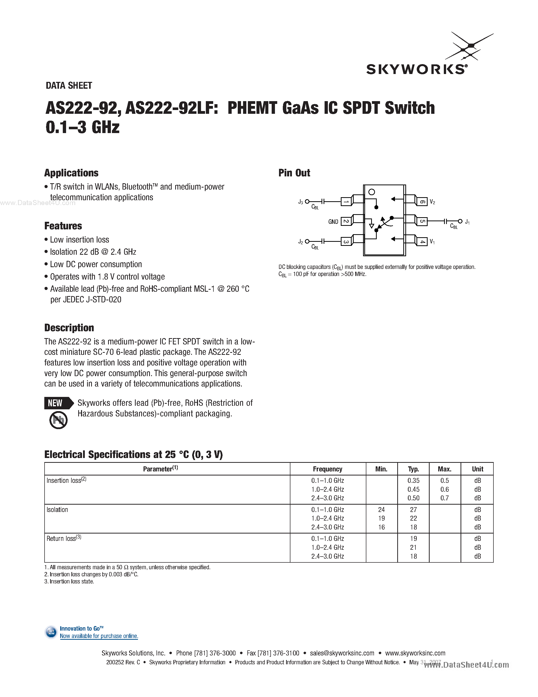 Datasheet AS222-92 - PHEMT GaAs IC SPDT Switch 0.1-3 GHz page 1