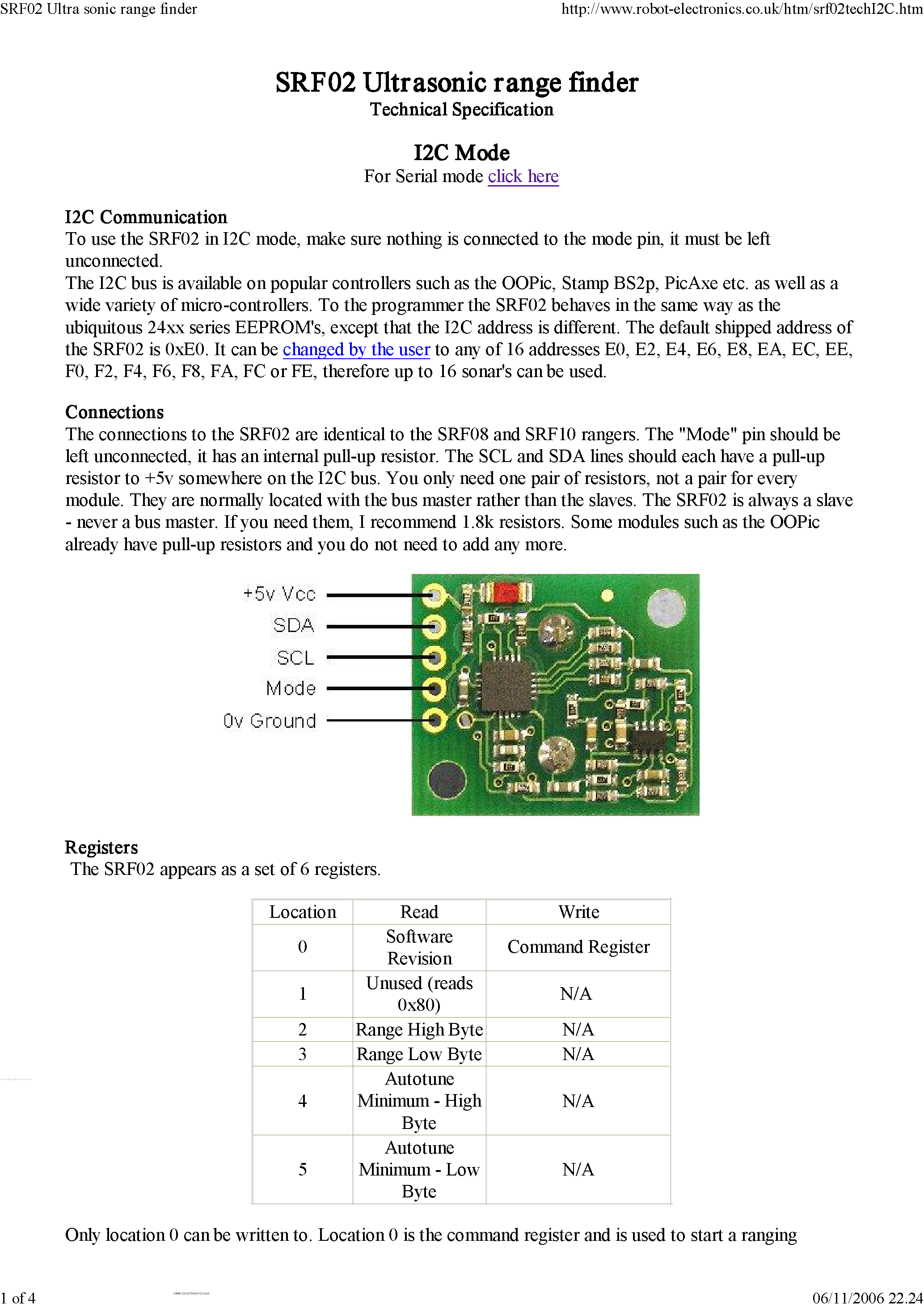 Datasheet SRF02 - Ultrasonic Range Finder Tech page 1
