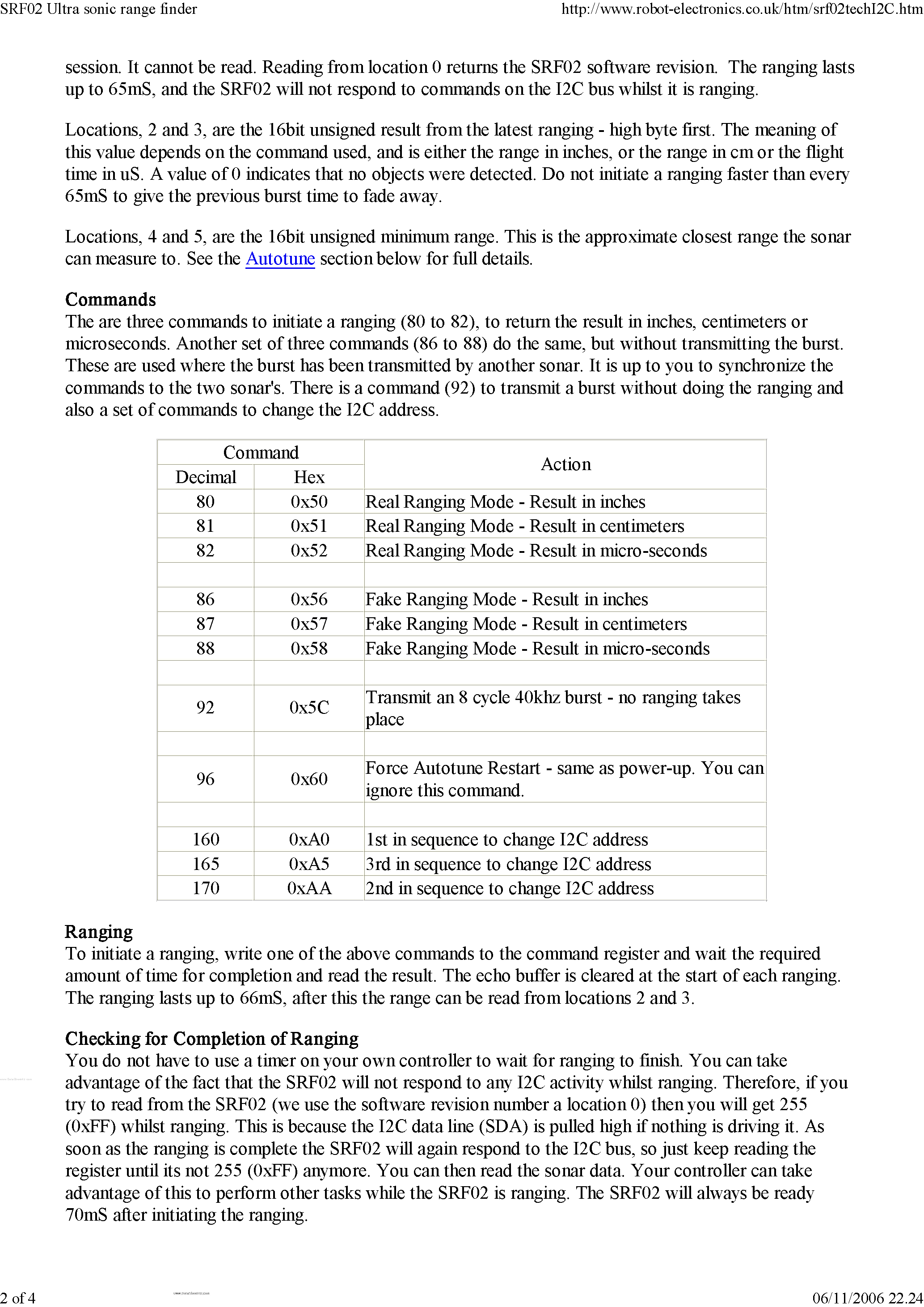 Datasheet SRF02 - Ultrasonic Range Finder Tech page 2