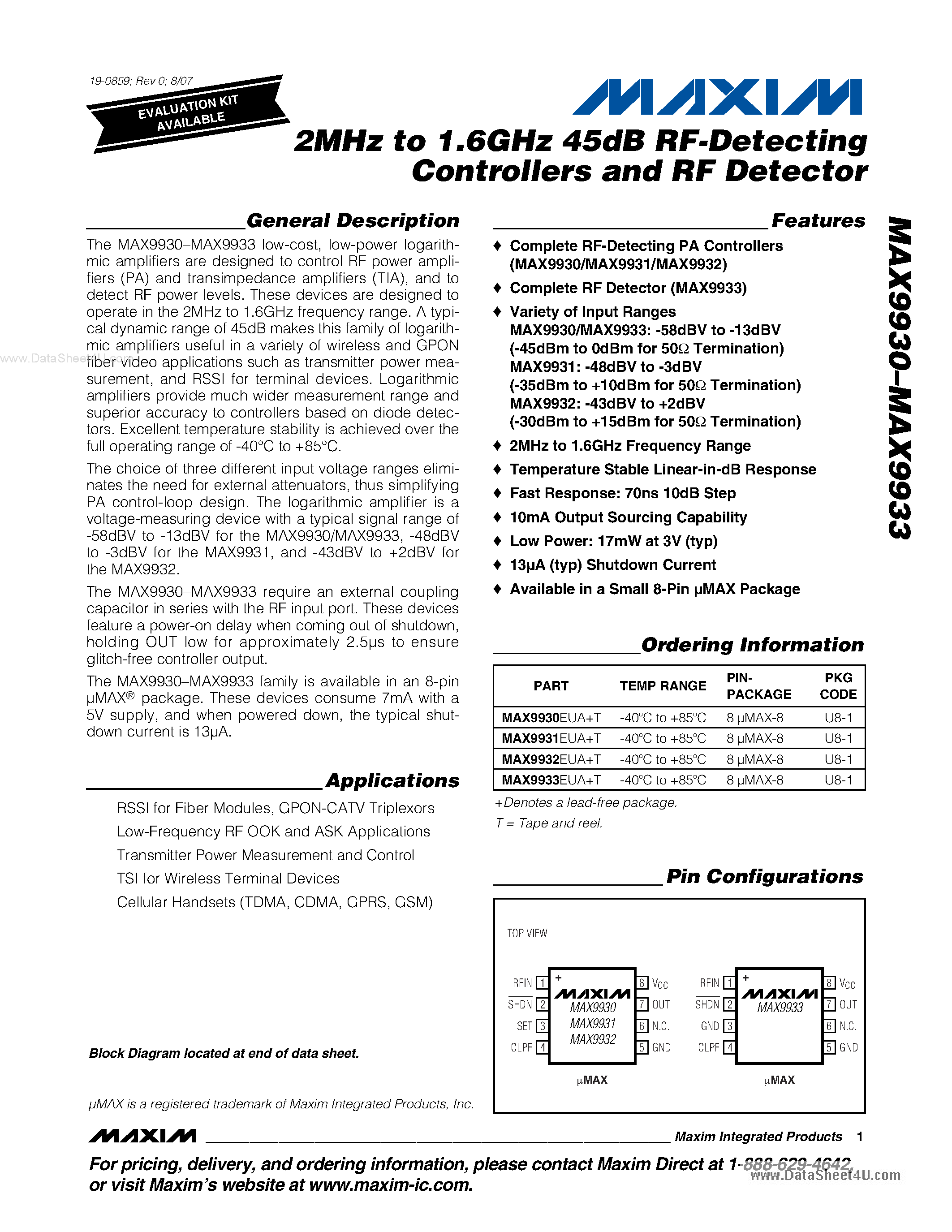 Datasheet MAX9930 - (MAX9930 - MAX9933) 2MHz to 1.6GHz 45dB RF-Detecting Controllers and RF Detector page 1