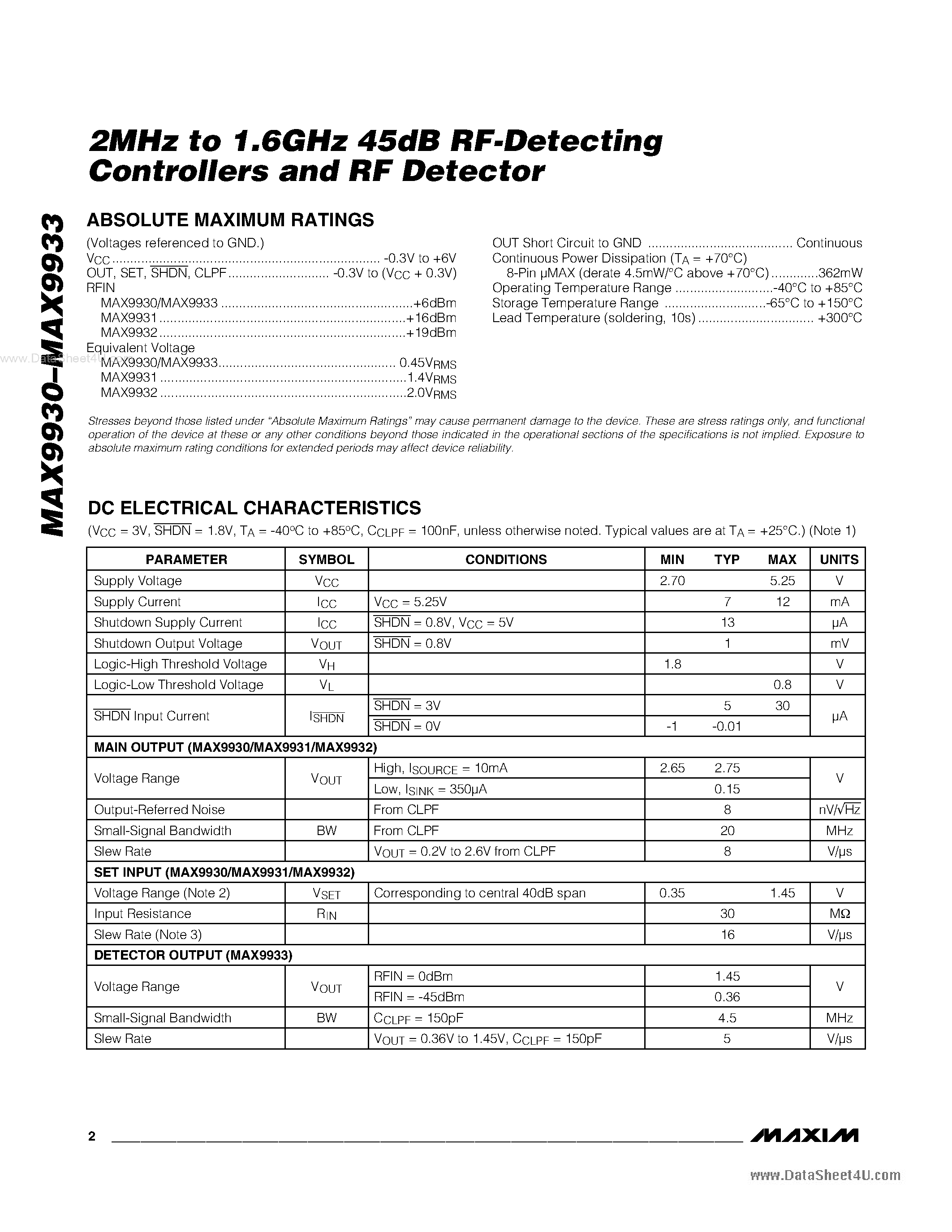 Datasheet MAX9930 - (MAX9930 - MAX9933) 2MHz to 1.6GHz 45dB RF-Detecting Controllers and RF Detector page 2