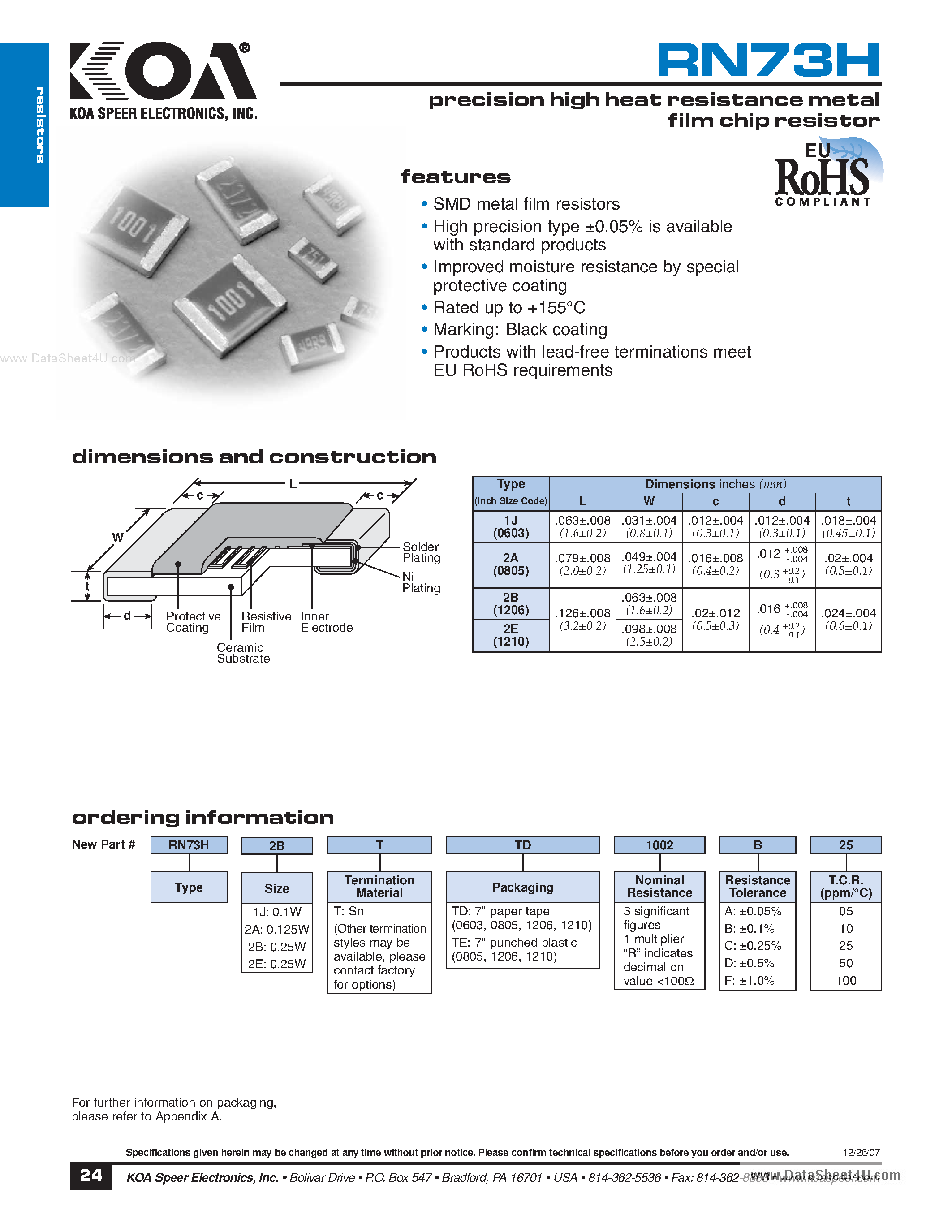Datasheet RN73H1J - (RN73Hxx) Precision High Heat Resistance Metal Film Resistor page 1