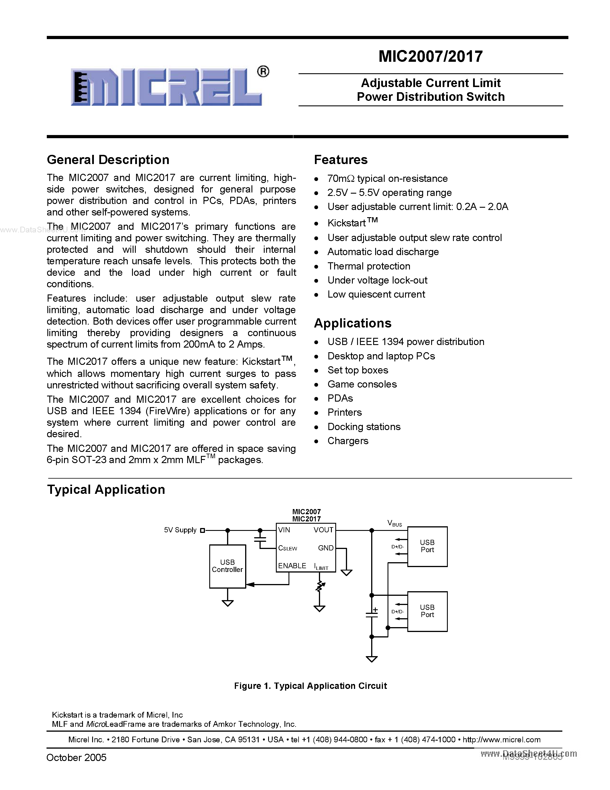 Datasheet MIC2007 page 1 Datasheet MIC2007 - (MIC2007 / MIC2017) Adjustable Current Limit Power Distribution Switch page 1