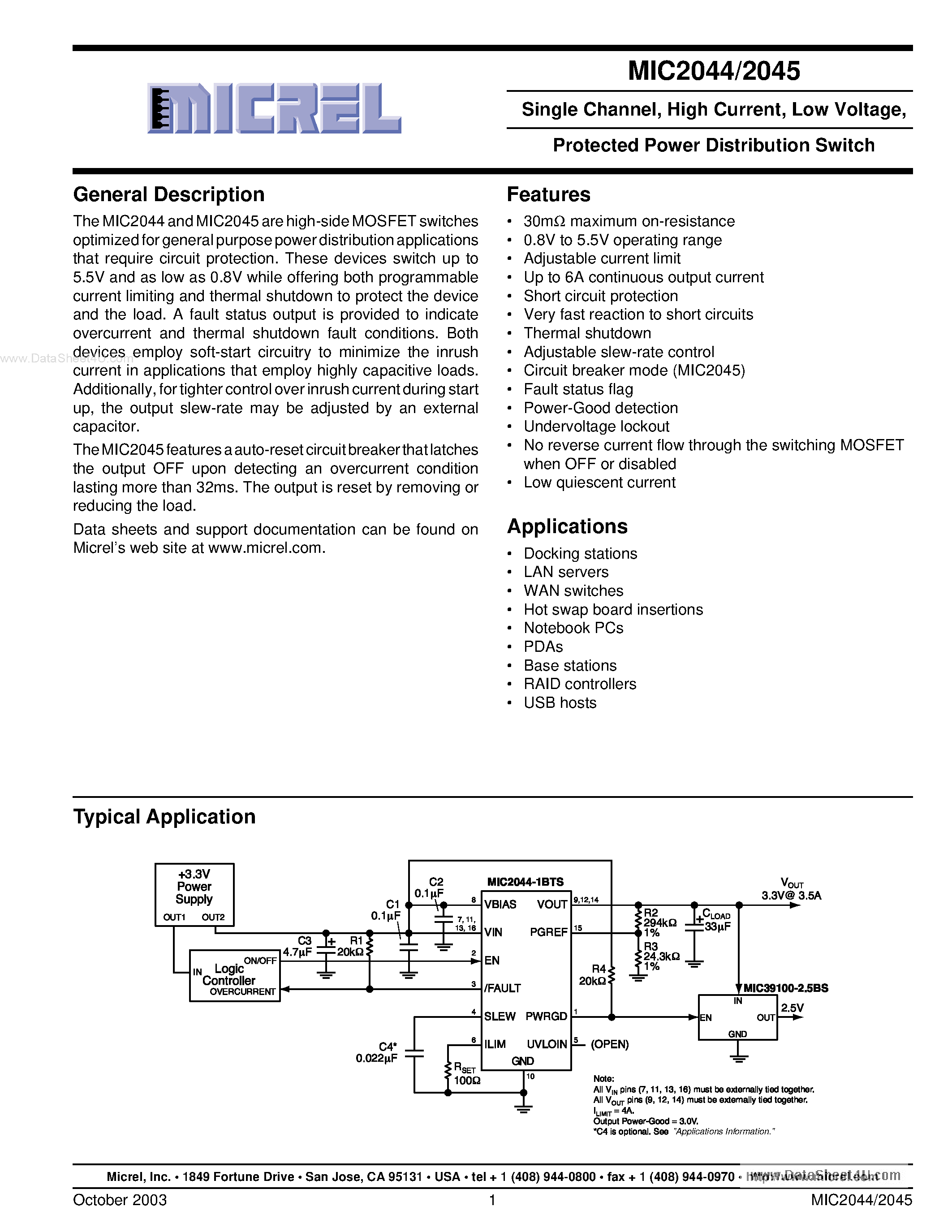 Datasheet MIC2044 - (MIC2044 / MIC2045) PROTECTED POWER DISTRIBUTION SWITCH page 1