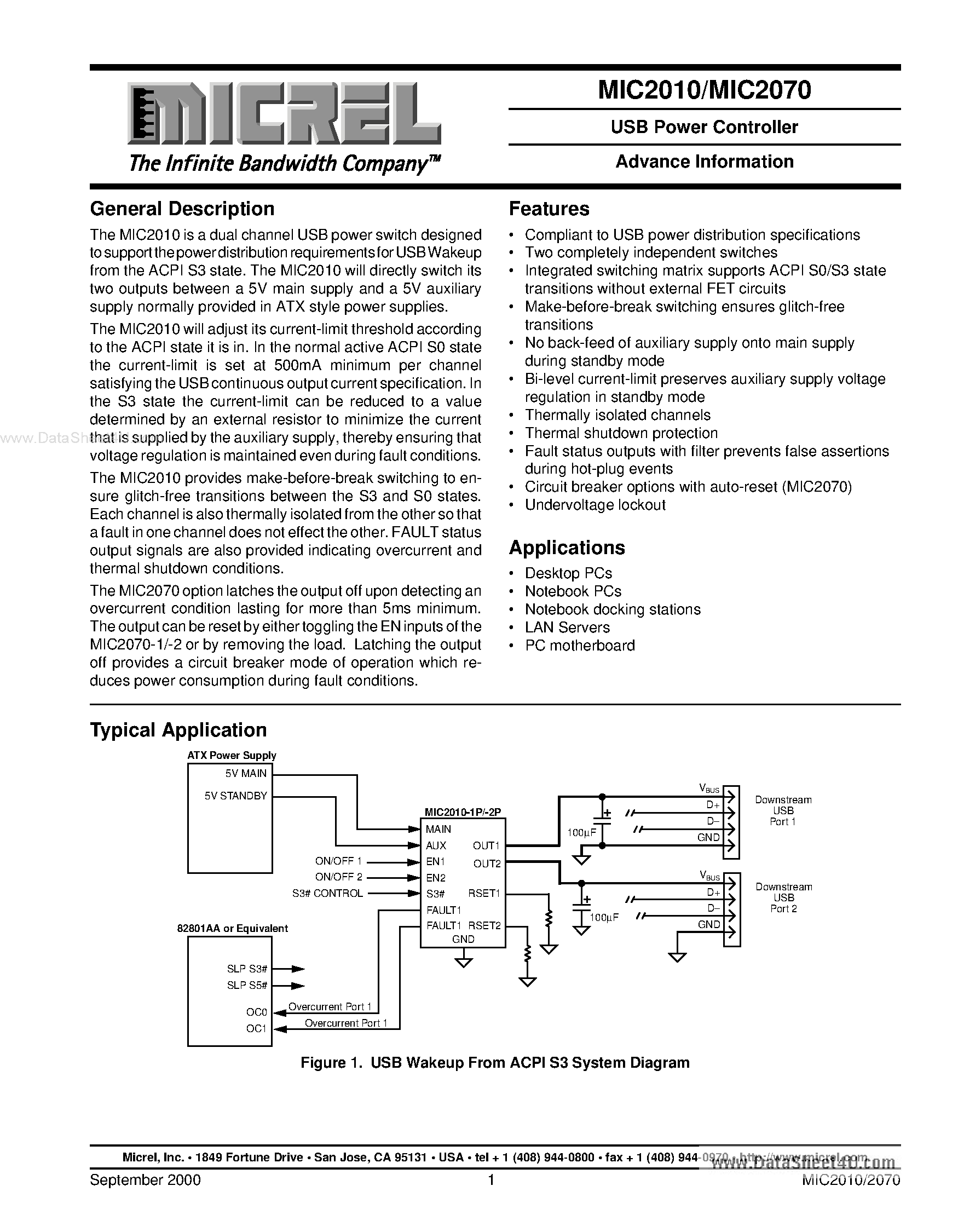 Datasheet MIC2010 page 1 Datasheet MIC2010 - (MIC2010 / MIC2070) USB Power Controller Advance Information page 1