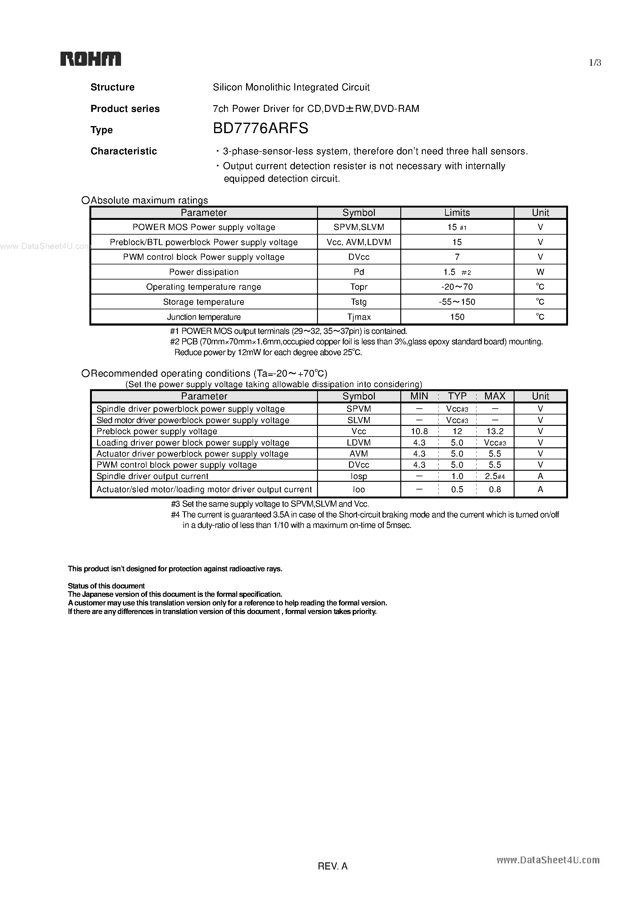 Datasheet BD7776ARFS page 1 Datasheet BD7776ARFS - 7-Channel Power Driver page 1