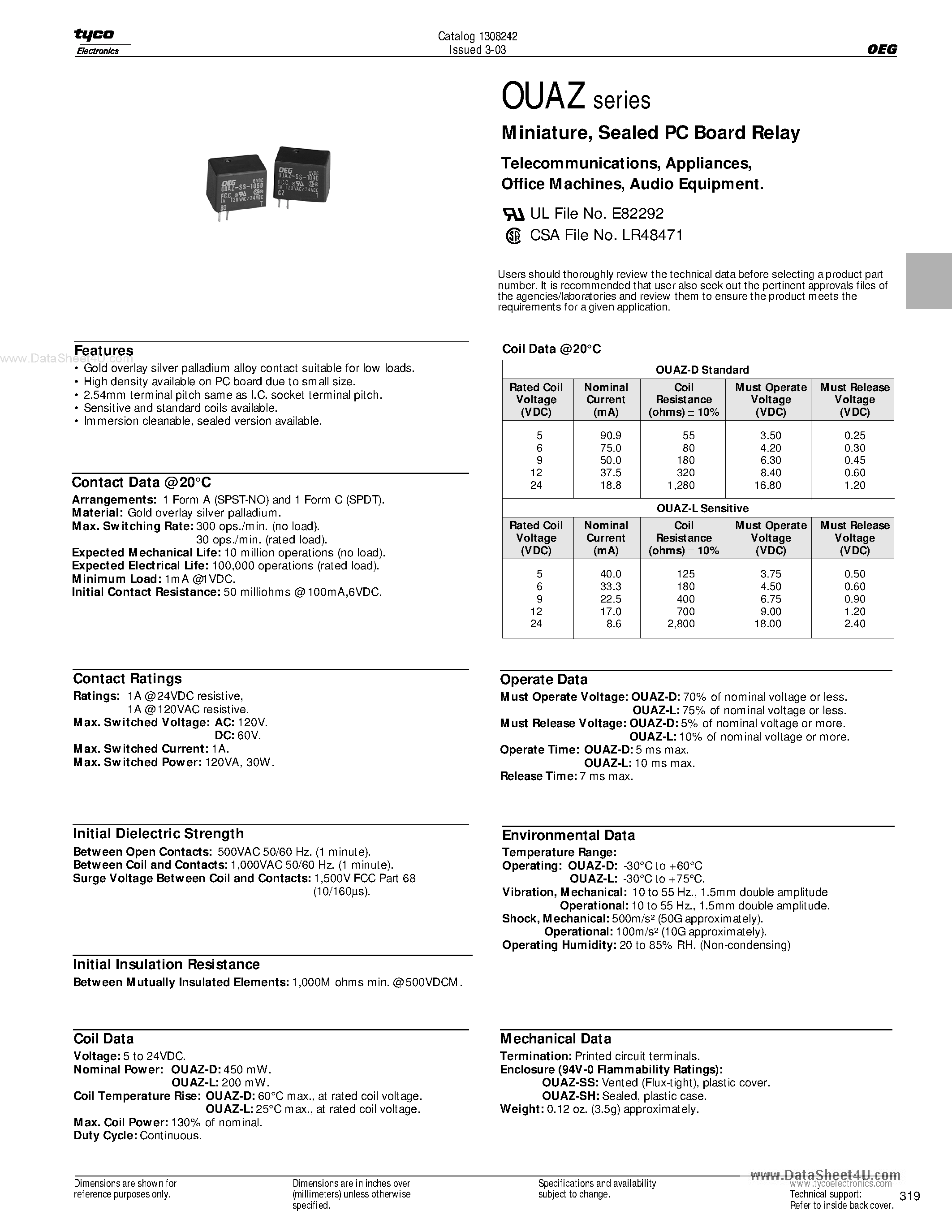 Даташит OUAZ-SH-xxxxx - Sealed PC Board Relay страница 1
