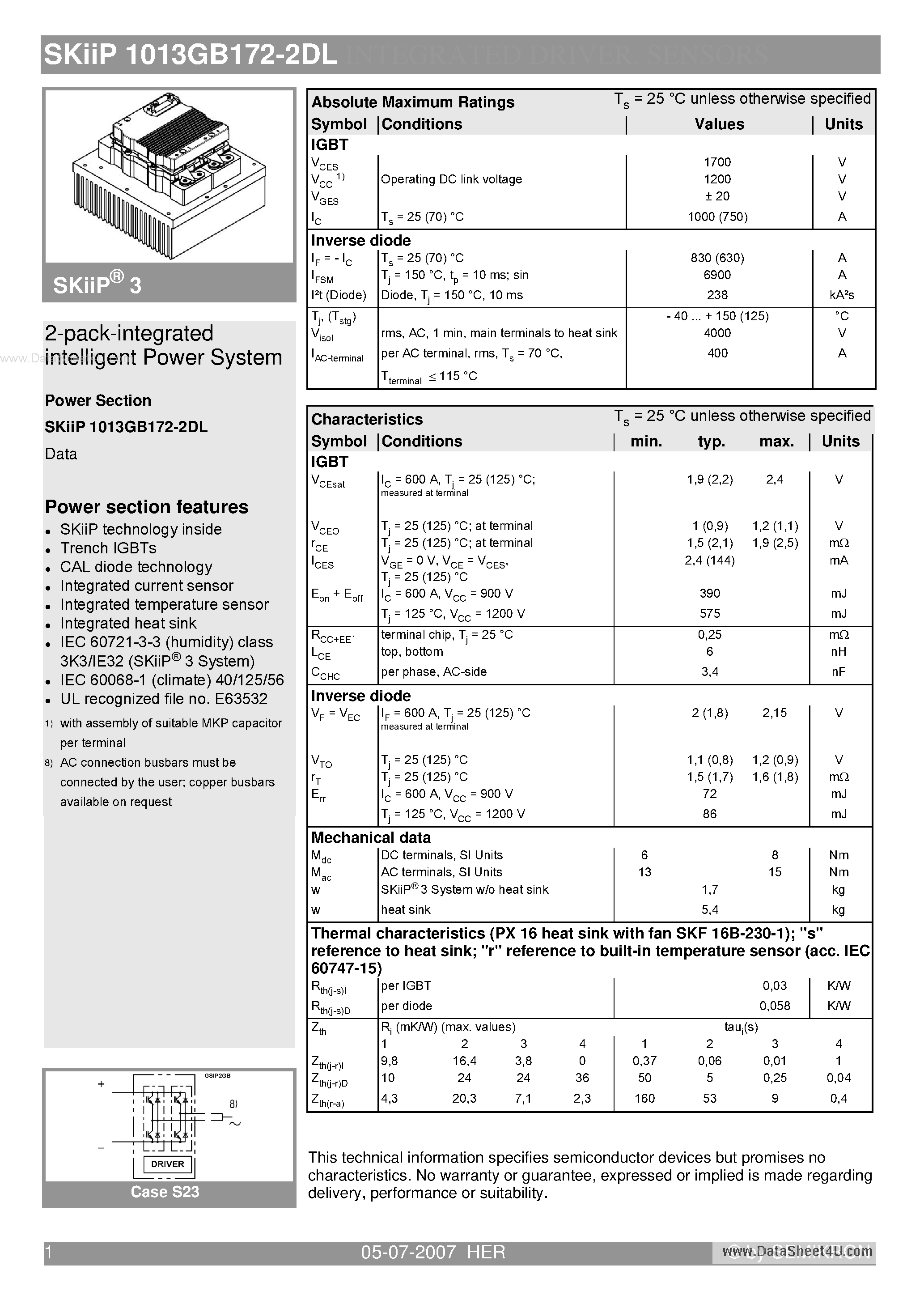 Datasheet SKIIP1013GB172-2DL - 2-pack-integrated intelligent Power System page 1