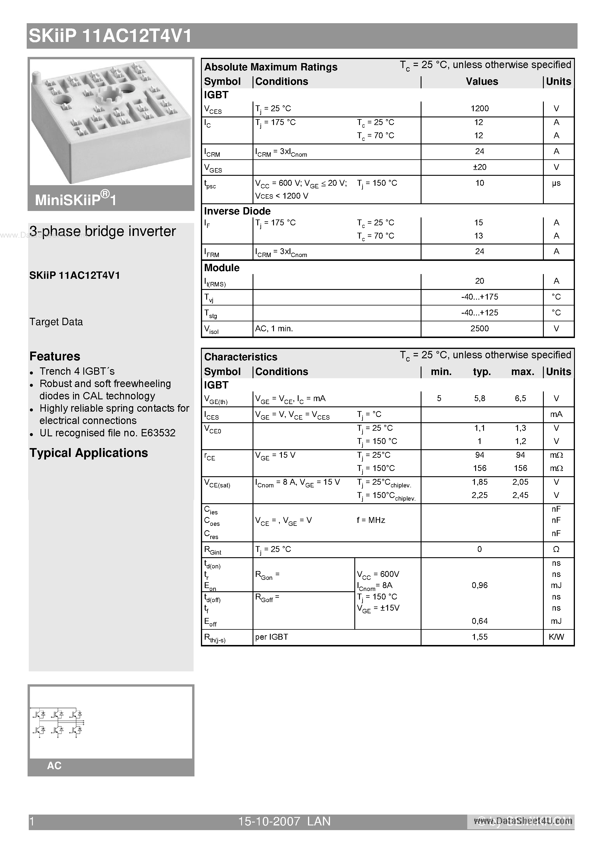 Datasheet SKIIP11AC12T4V1 - 3-phase bridge inverter page 1