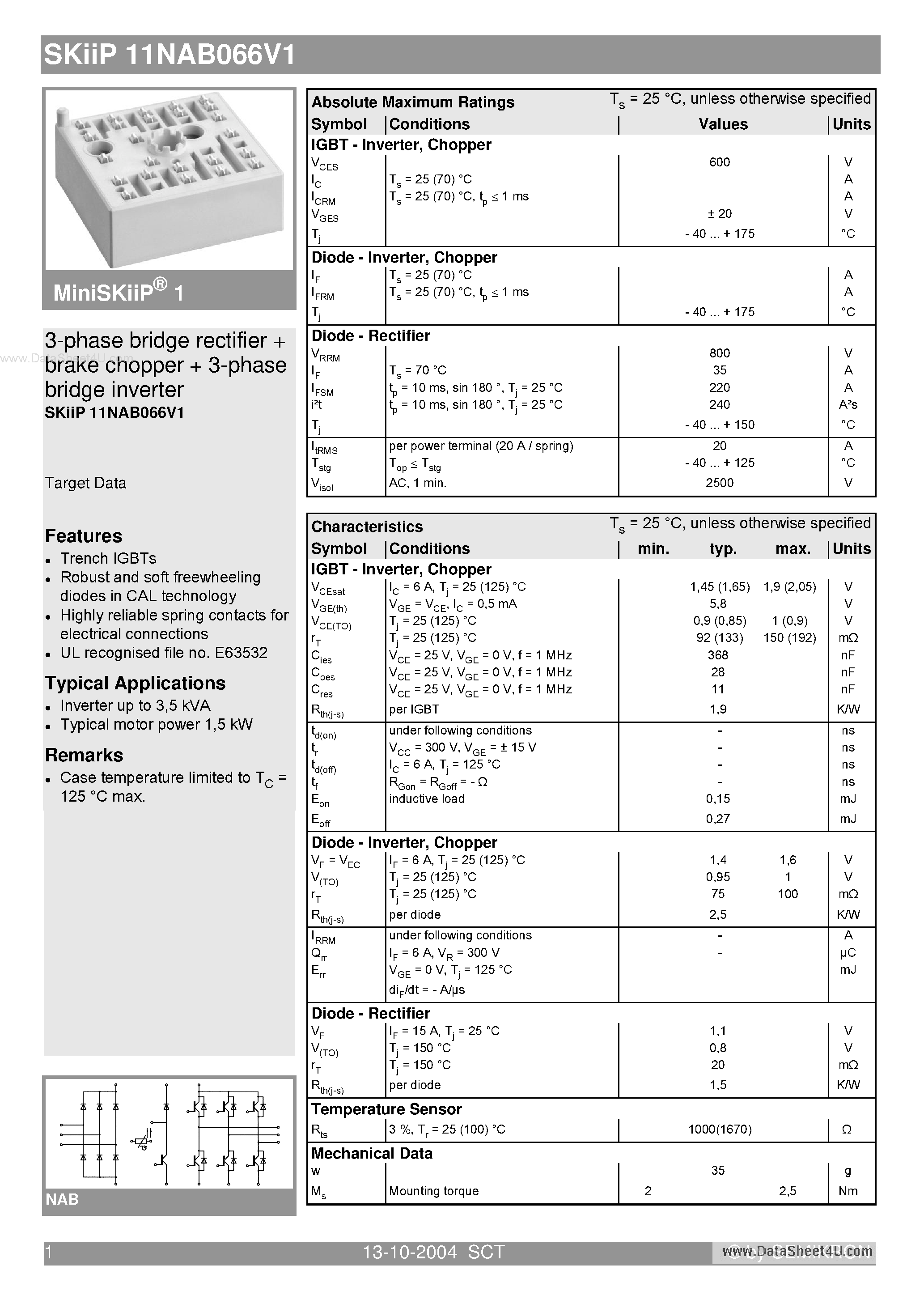 Datasheet SKIIP11NAB066V1 - 3-phase bridge rectifier brake chopper 3-phase bridge inverter page 1