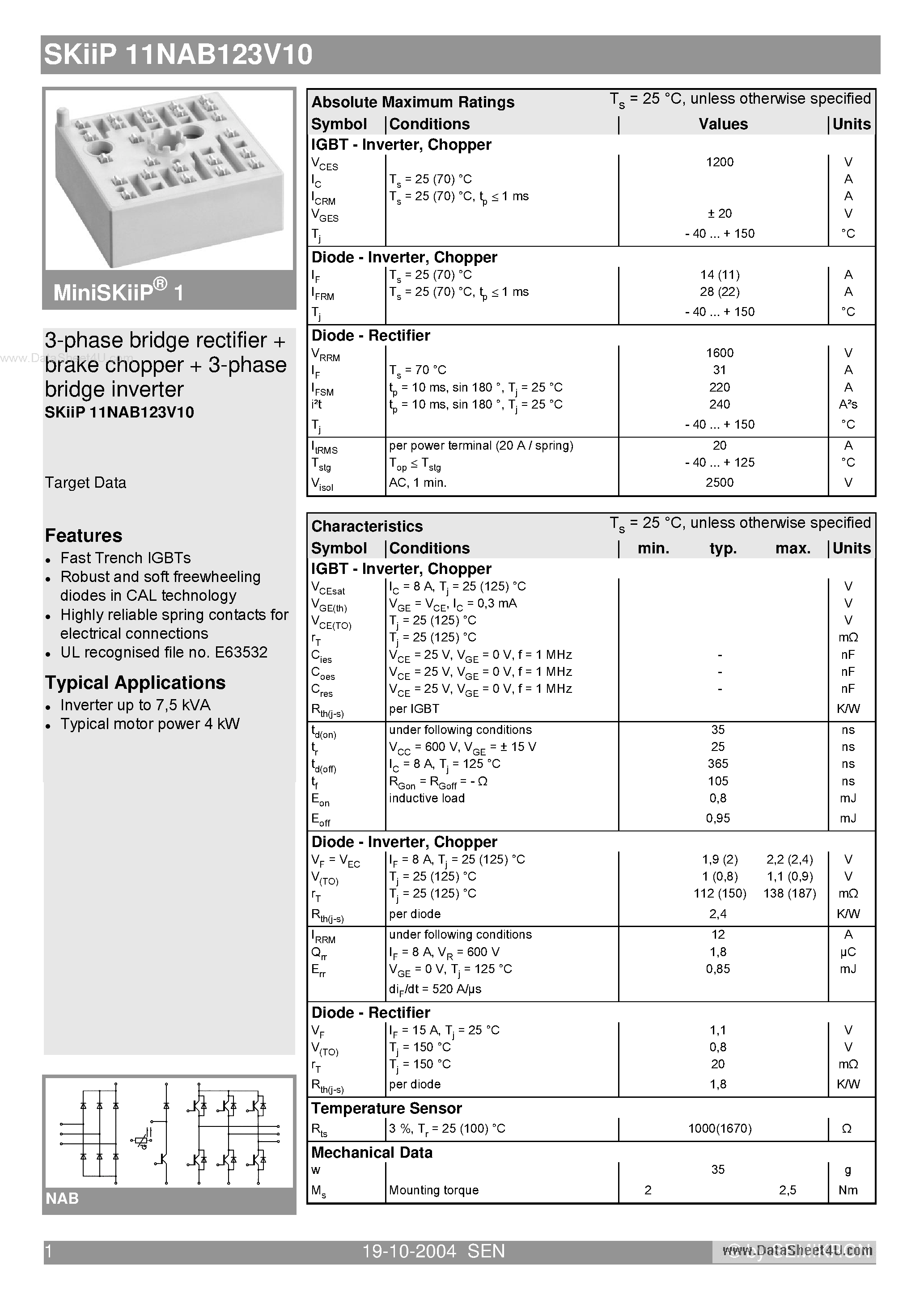 Datasheet SKIIP11NAB123V10 - 3-phase bridge rectifier brake chopper 3-phase bridge inverter page 1