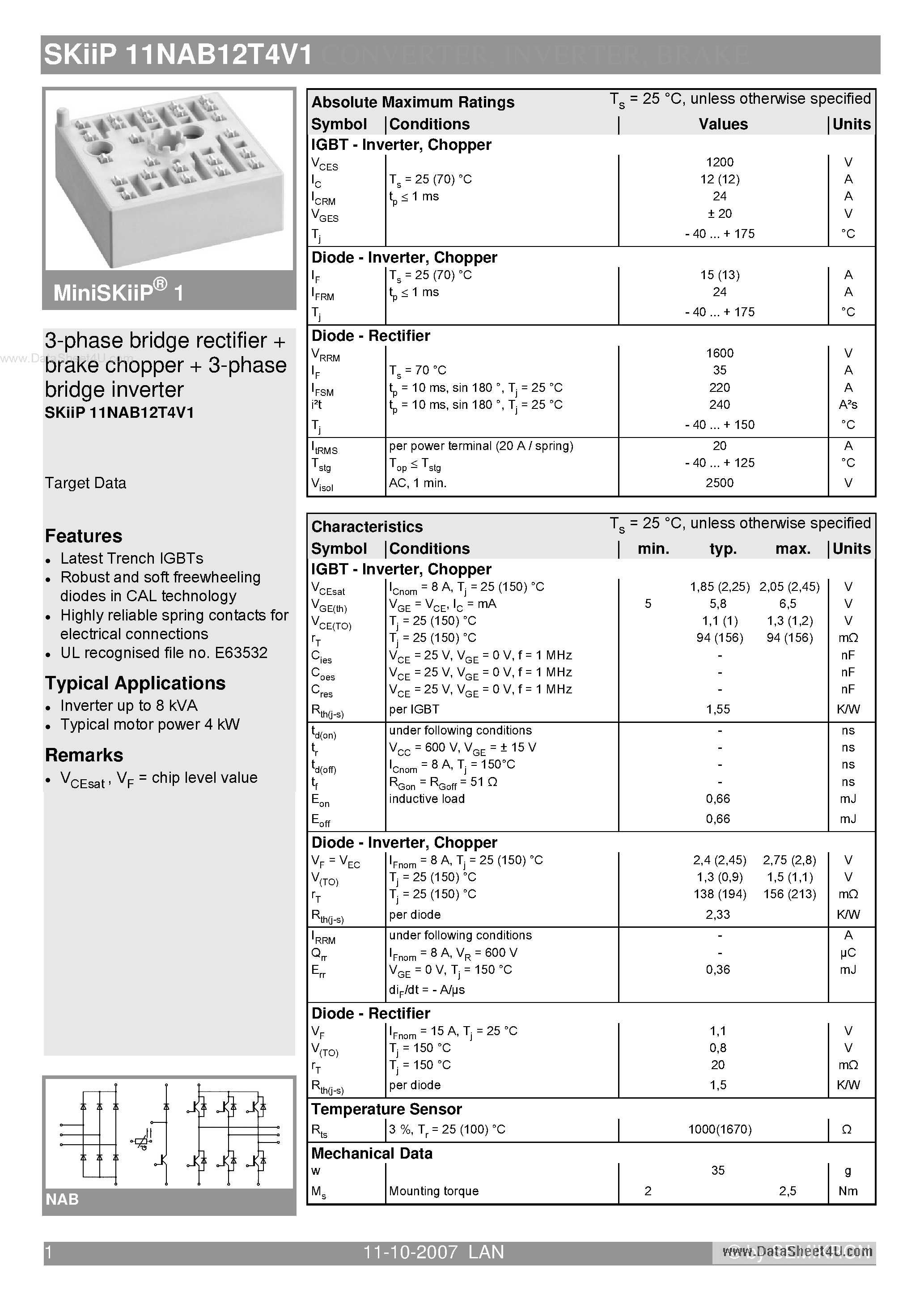 Datasheet SKIIP11NAB12T4V1 - 3-phase bridge rectifier brake chopper 3-phase bridge inverter page 1