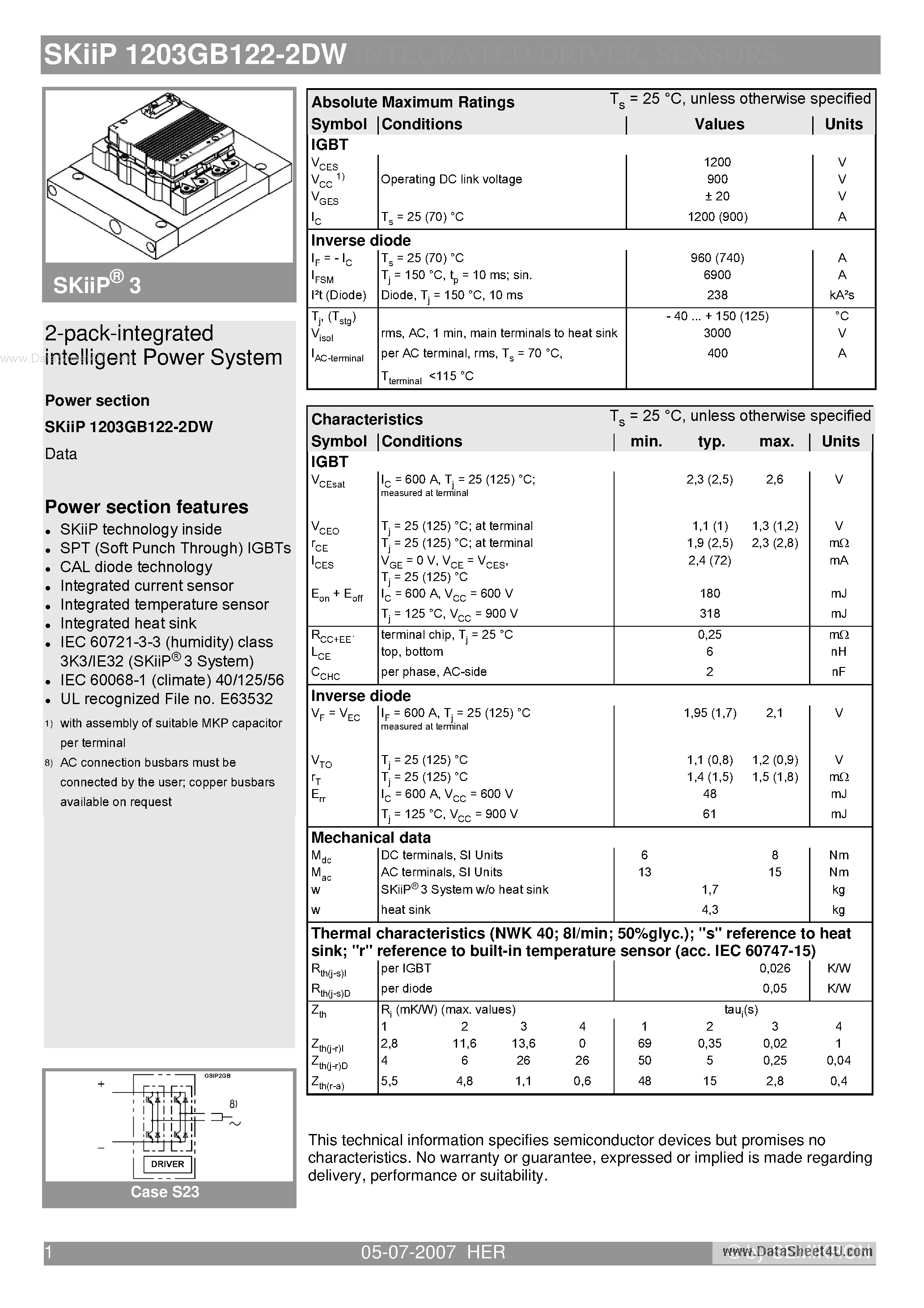 Datasheet SKIIP1203GB122-2DW page 1 Datasheet SKIIP1203GB122-2DW - 2-pack-integrated intelligent Power System page 1