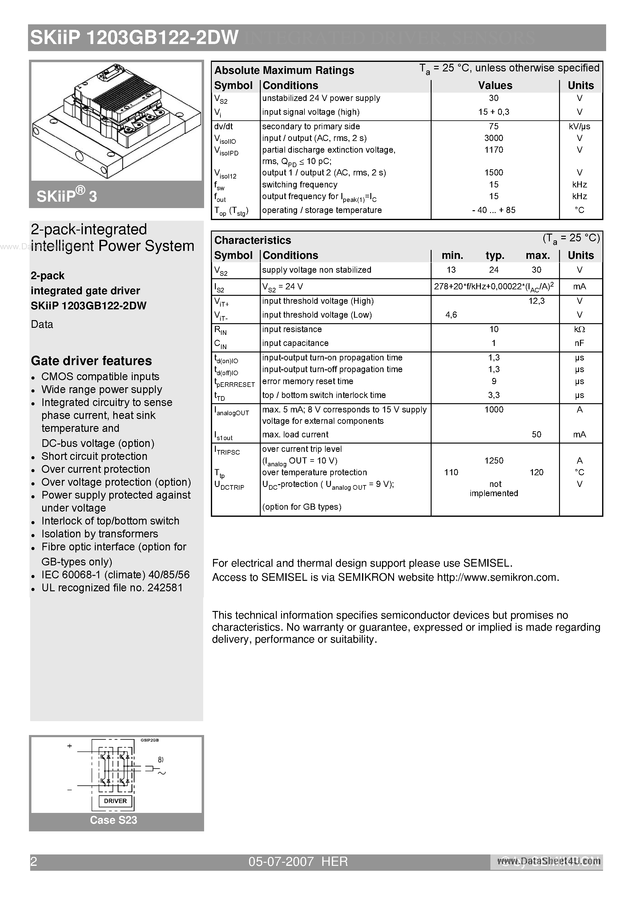 Datasheet SKIIP1203GB122-2DW page 2 Datasheet SKIIP1203GB122-2DW - 2-pack-integrated intelligent Power System page 2