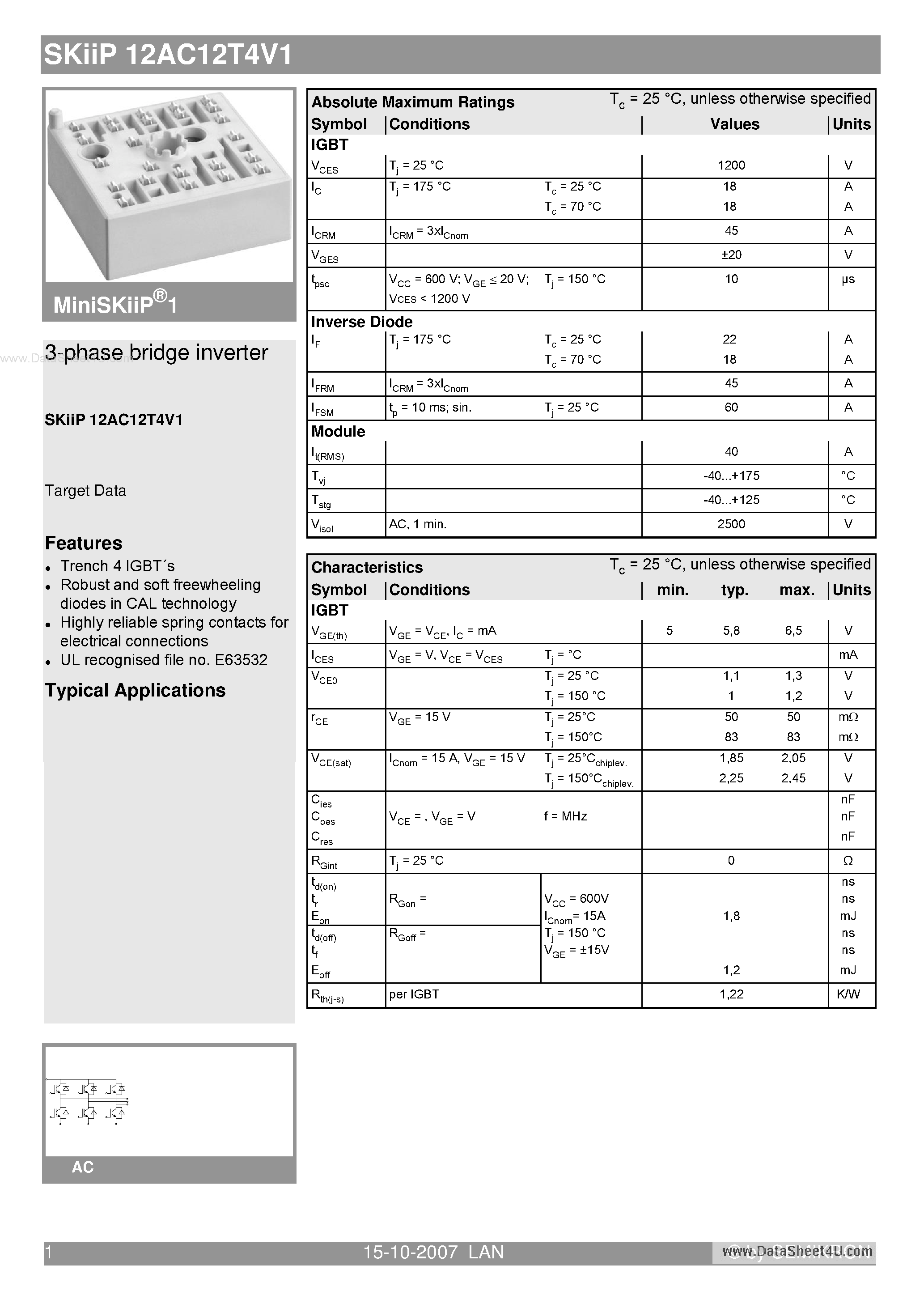 Datasheet SKIIP12AC12T4V1 - 3-phase bridge inverter page 1