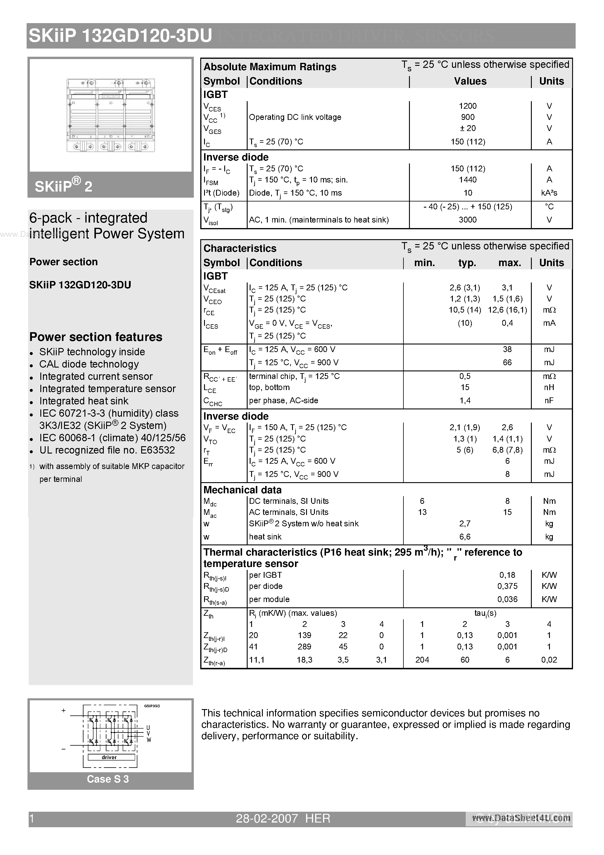 Datasheet SKIIP132GD120-3DU - 6-pack - integrated intelligent Power System page 1