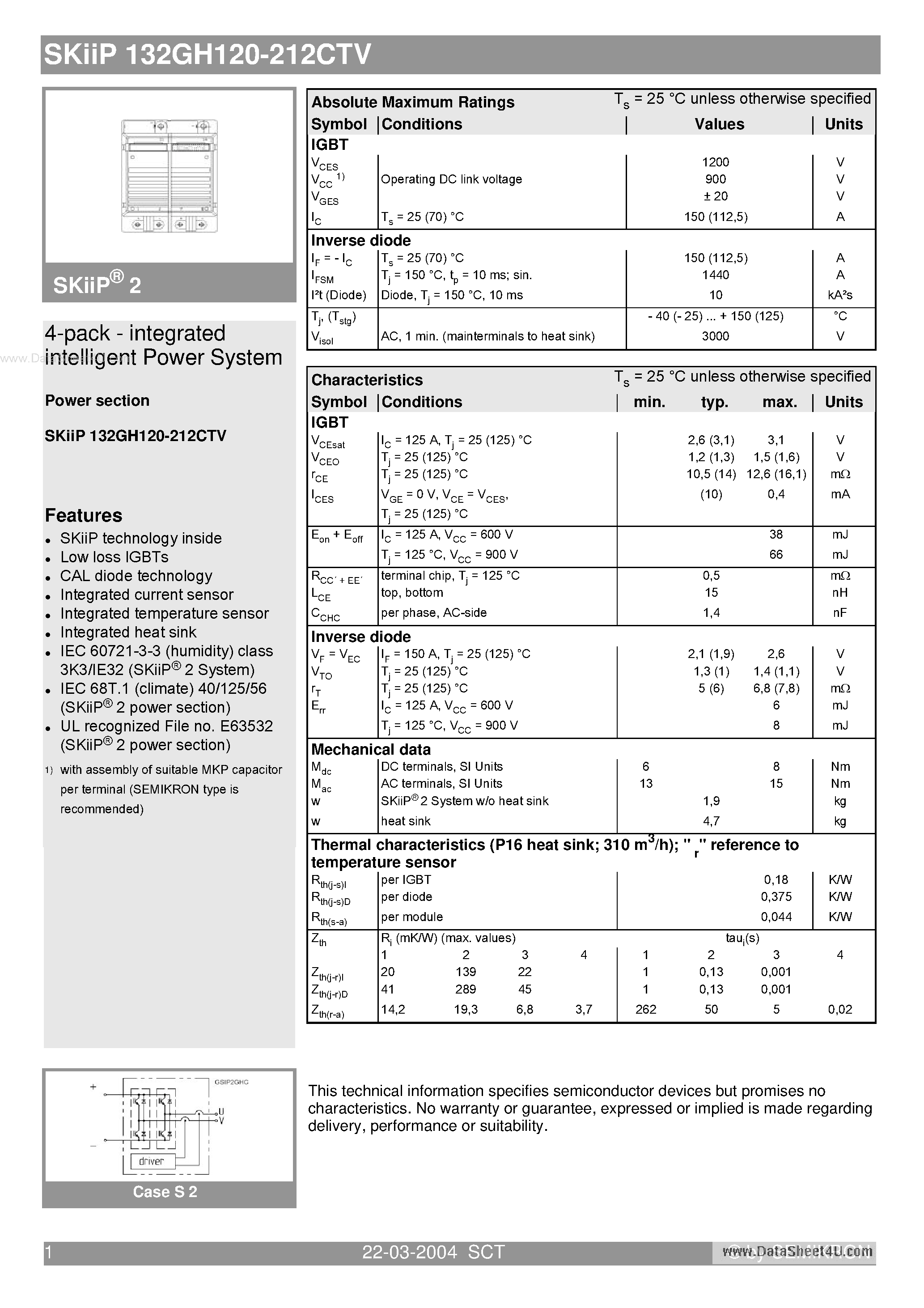Datasheet SKIIP132GH120-212CTV - 4-pack - integrated intelligent Power System page 1