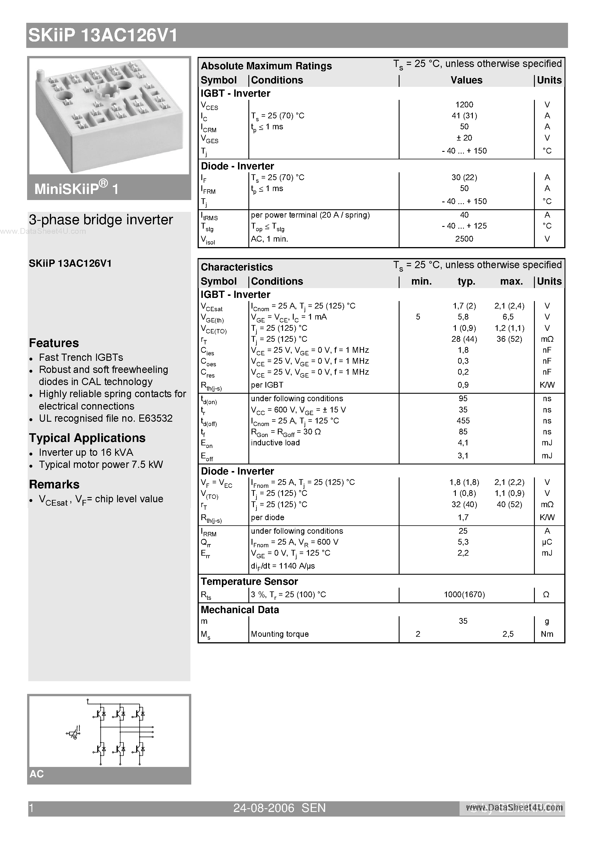 Datasheet SKIIP13AC126V1 - 3-phase bridge inverter page 1