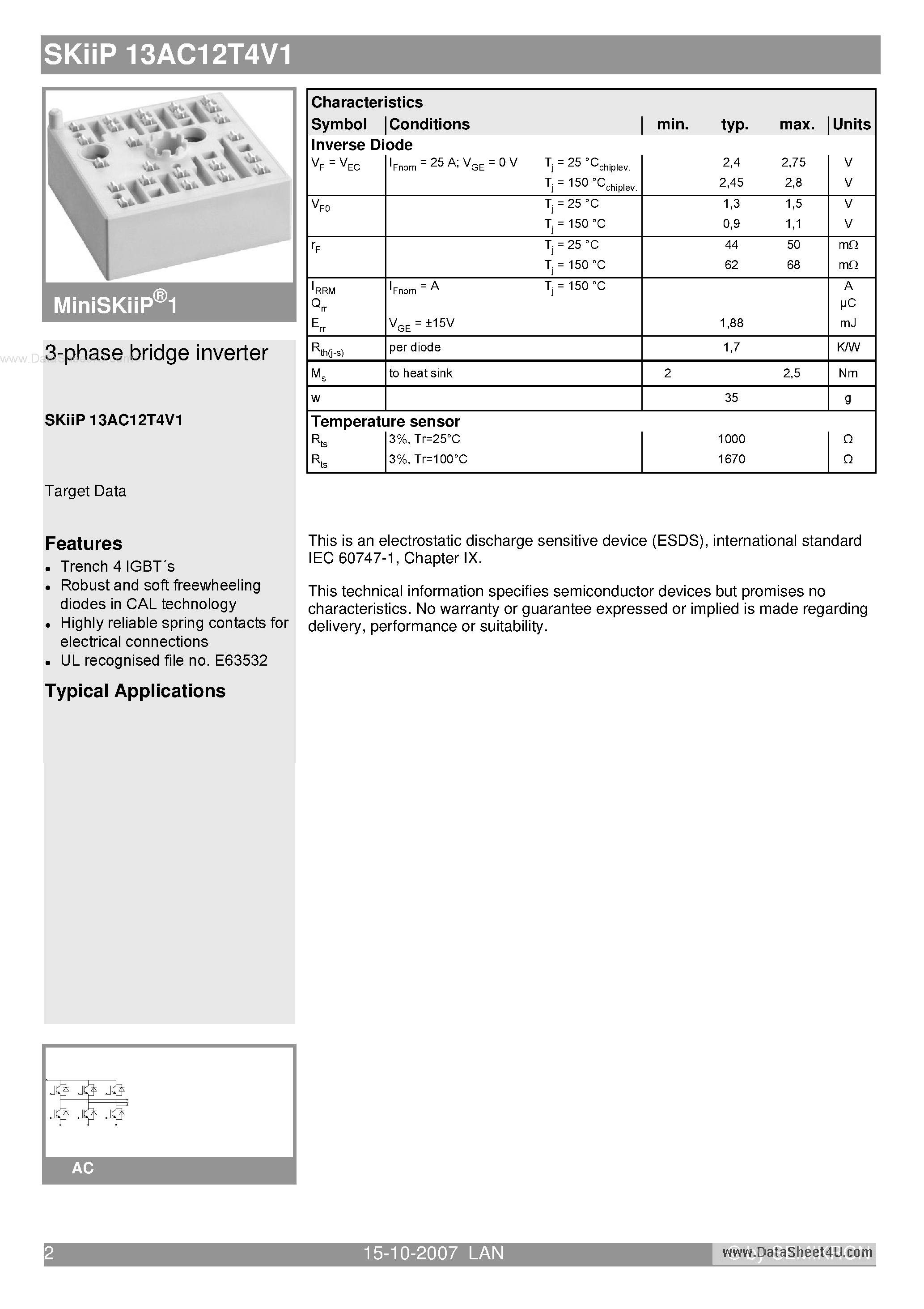 Datasheet SKIIP13AC12T4V1 page 2 Datasheet SKIIP13AC12T4V1 - 3-phase bridge inverter page 2