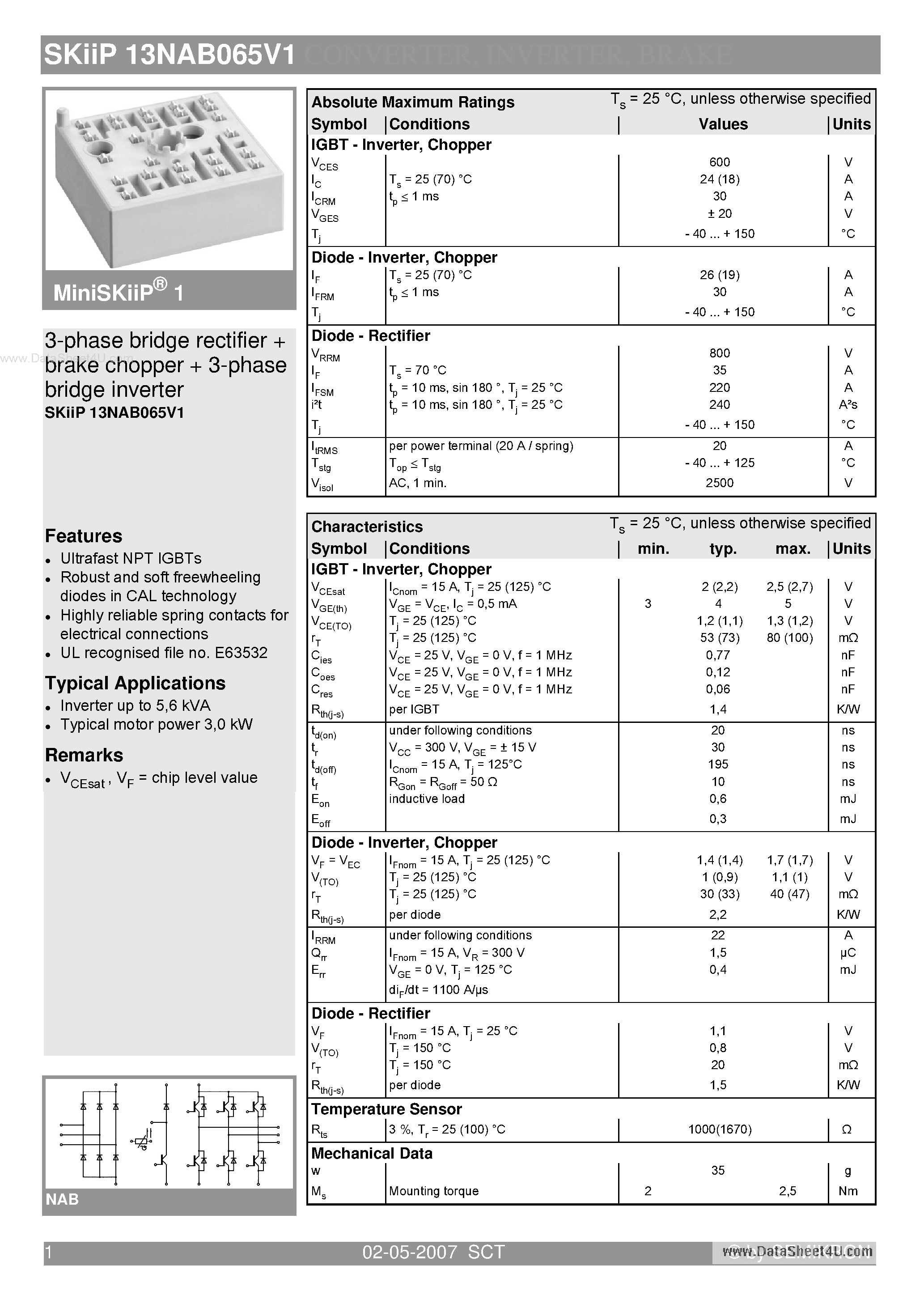 Datasheet SKIIP13NAB065V1 - 3-phase bridge rectifier brake chopper 3-phase bridge inverter page 1