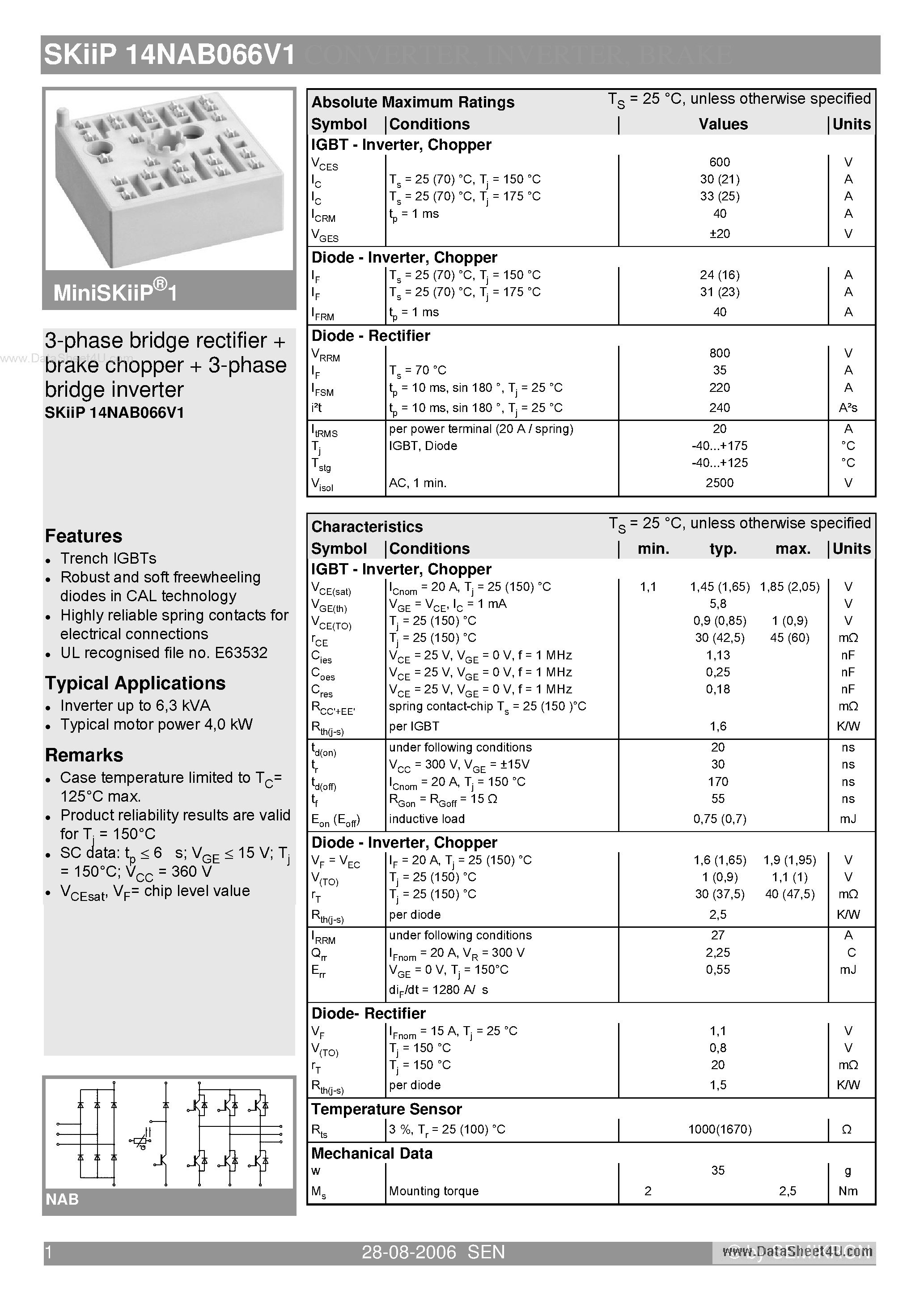 Datasheet SKIIP14NAB066V1 - 3-phase bridge rectifier brake chopper 3-phase bridge inverter page 1