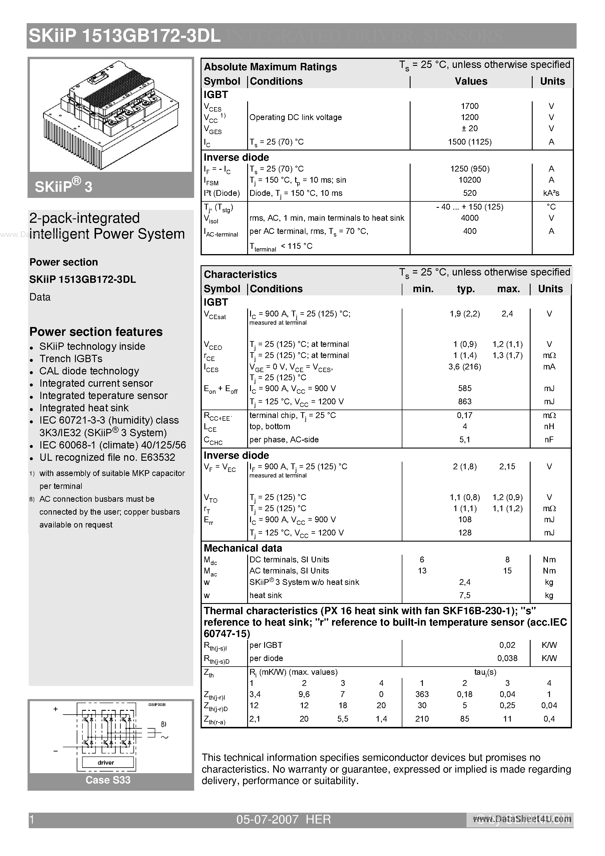 Datasheet SKIIP1513GB172-3DL - 2-pack-integrated intelligent Power System page 1