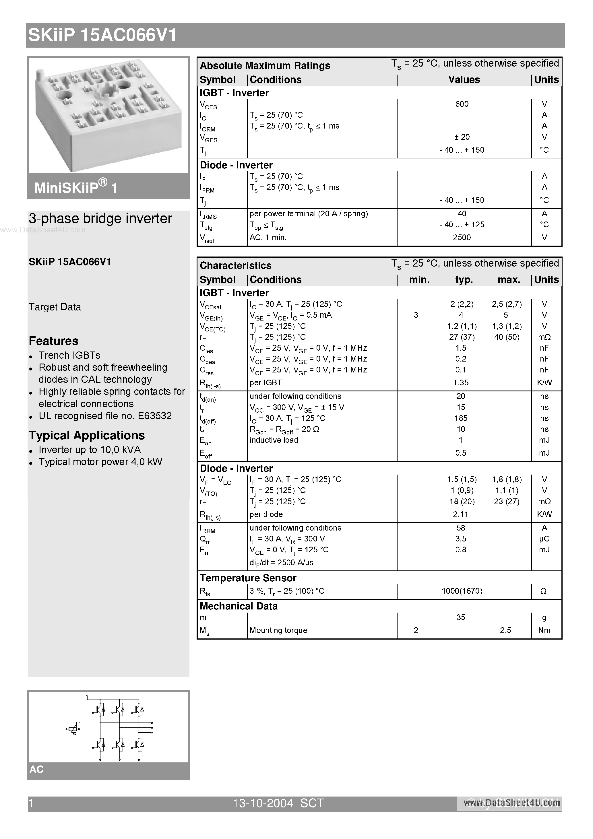 Datasheet SKIIP15AC066V1 - 3-phase bridge inverter page 1