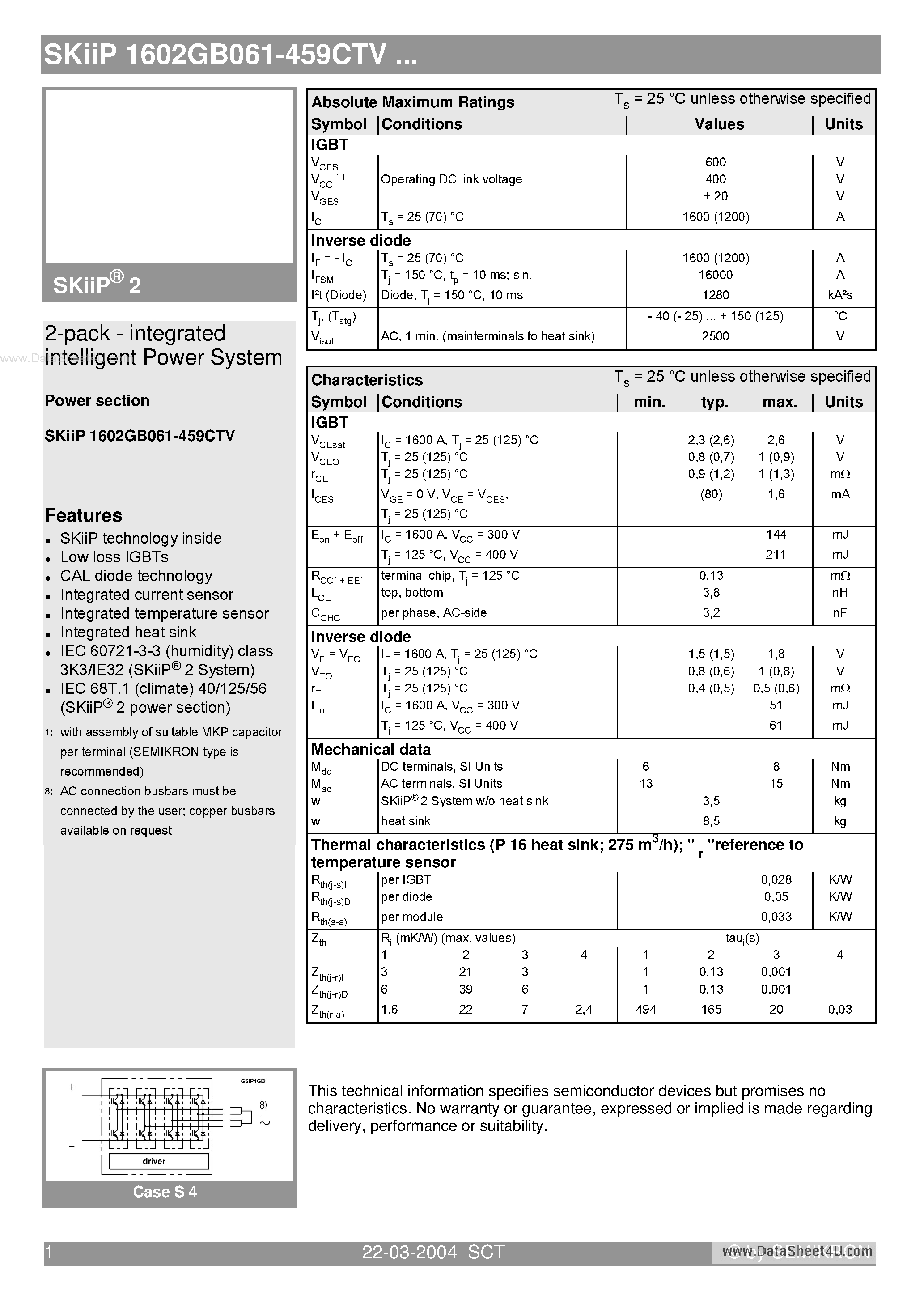 Datasheet SKIIP1602GB061-459CTV - 2-pack - integrated intelligent Power System page 1