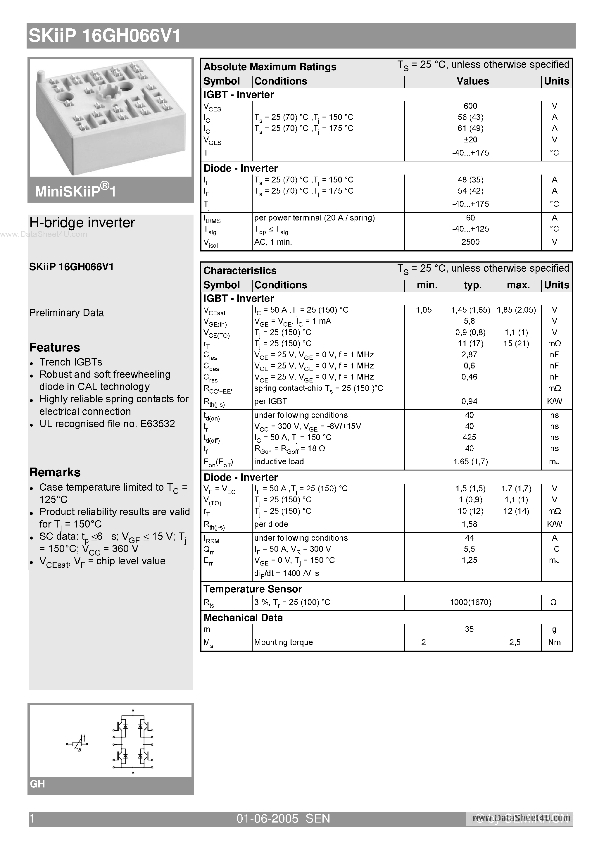 Datasheet SKIIP16GH066V1 page 1 Datasheet SKIIP16GH066V1 - H-bridge inverter page 1