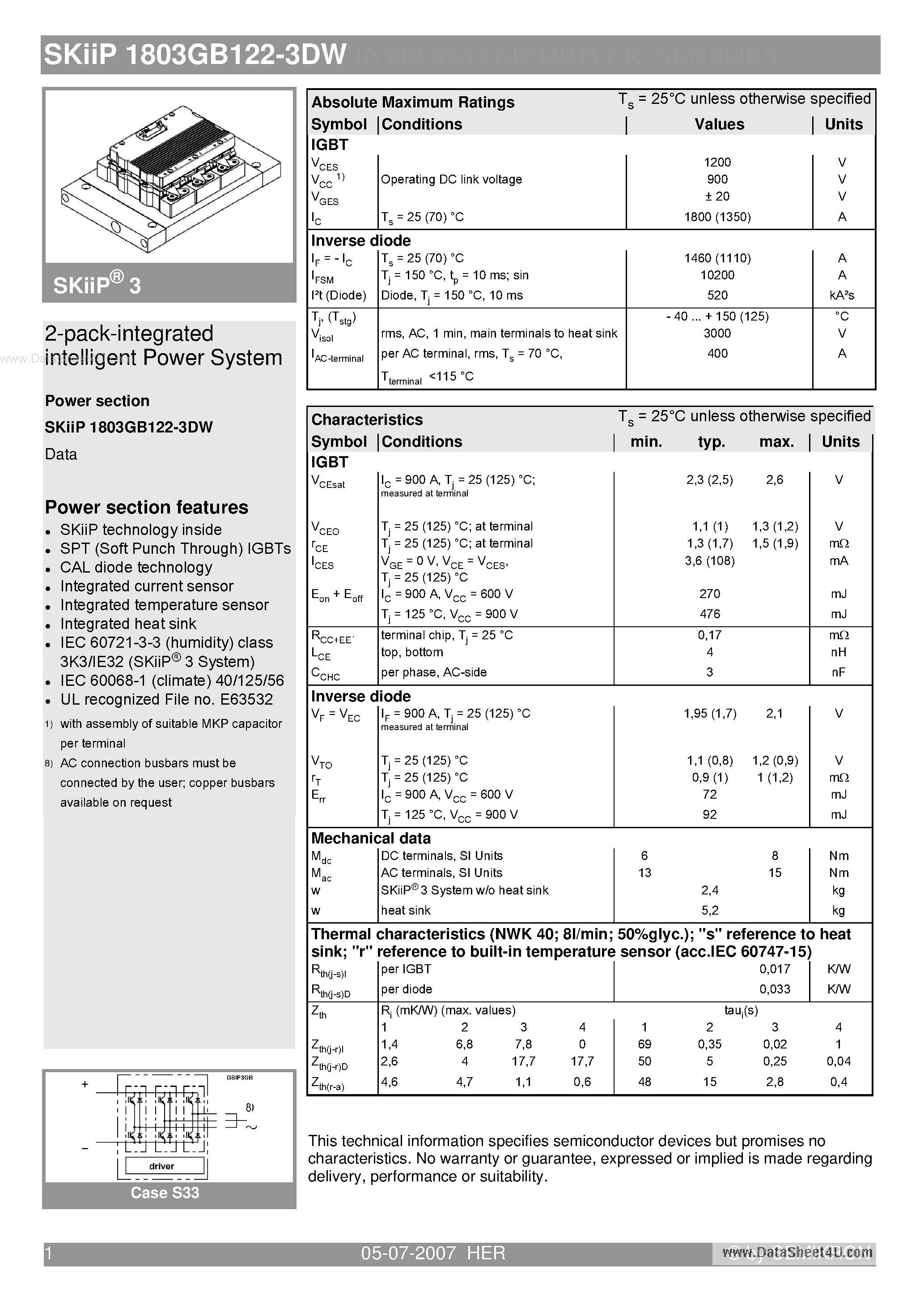 Datasheet SKIIP1803GB122-3DW - 2-pack-integrated intelligent Power System page 1
