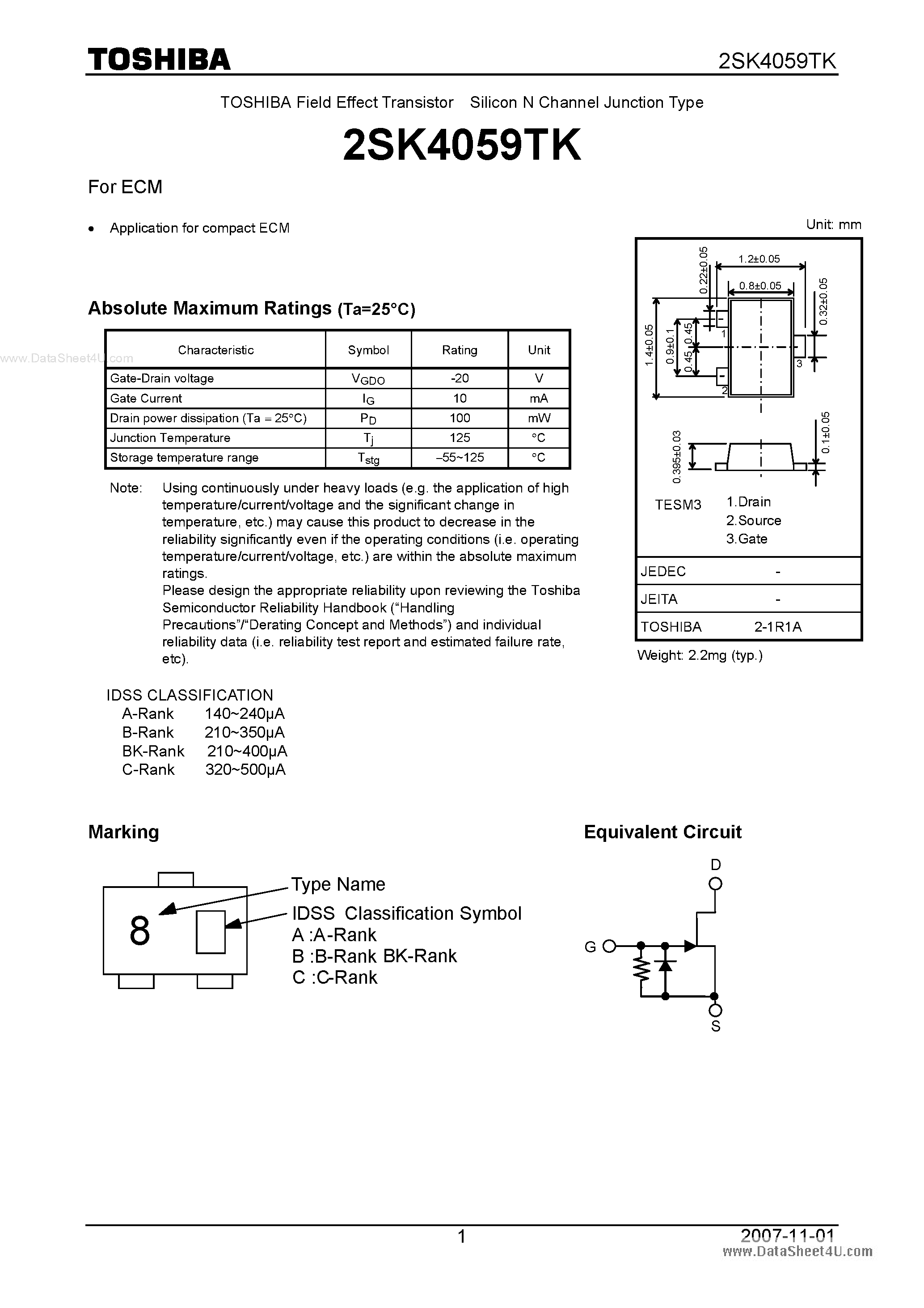 Datasheet 2SK4059TK - Silicon N Channel Junction Type page 1