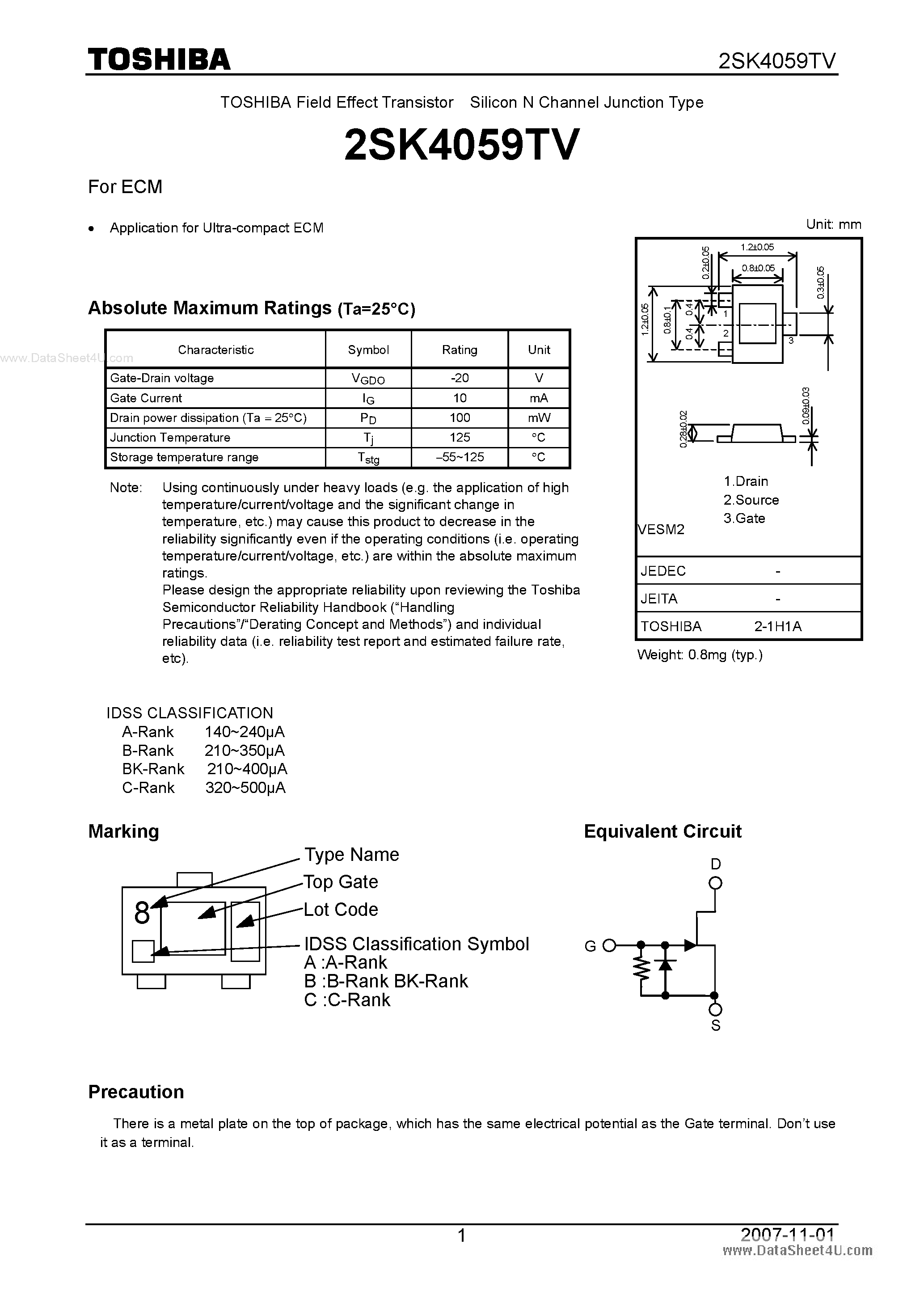 Datasheet 2SK4059TV - Silicon N Channel Junction Type page 1