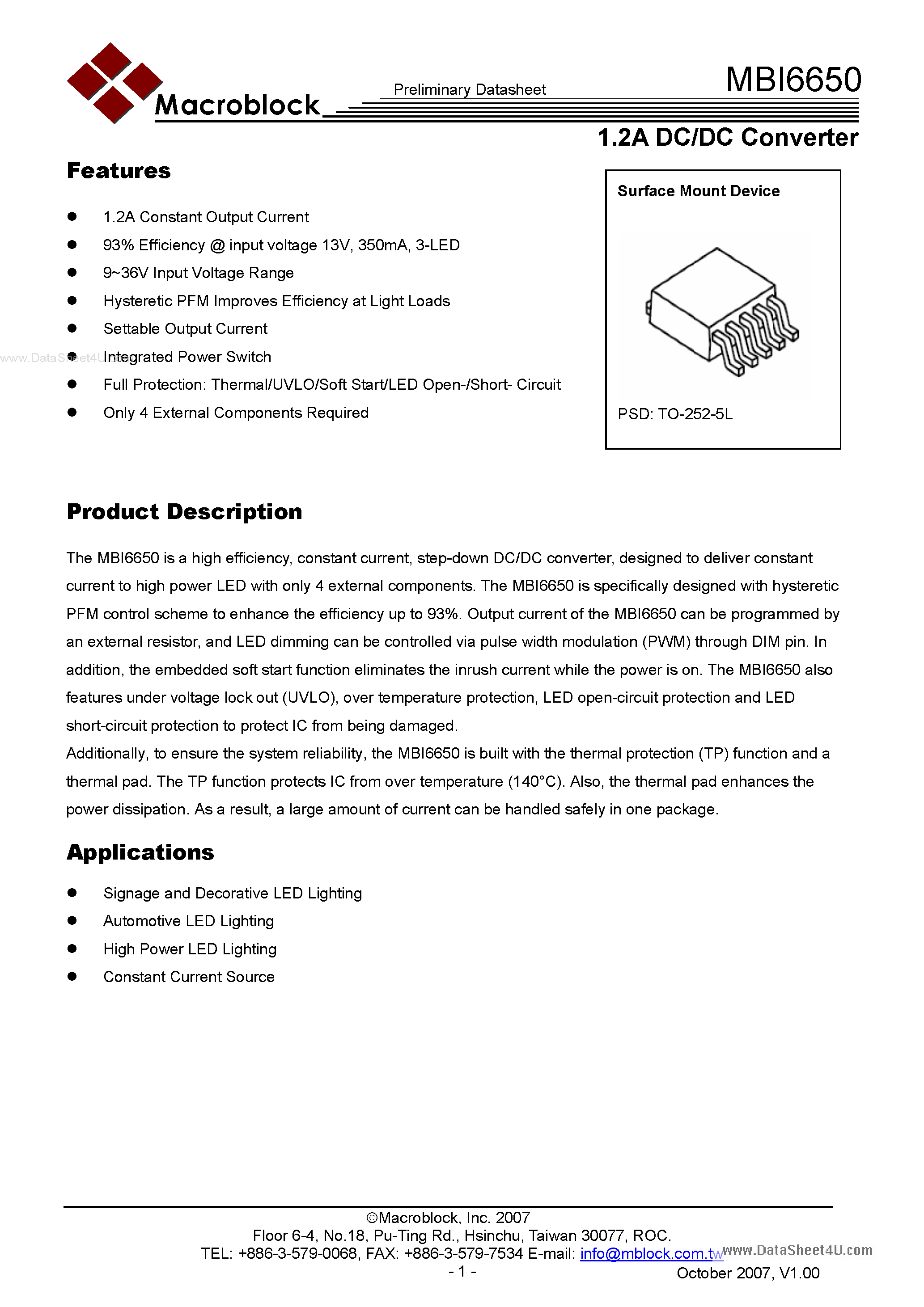 Datasheet MBI6650 - 1.2A DC/DC Converter page 1