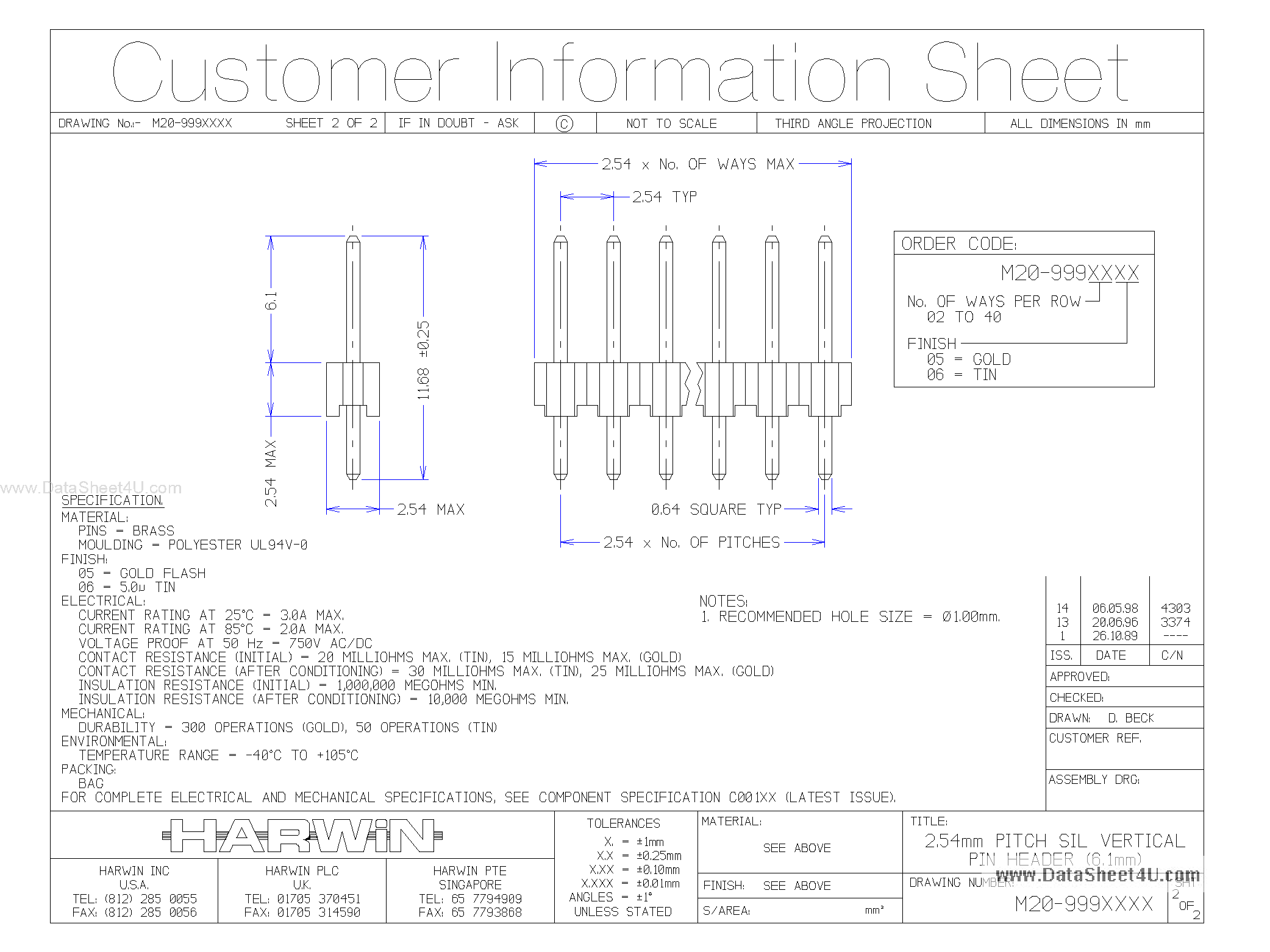 Datasheet M20-9993605 - 2.54mm Pitch SIL Vertical Pin Header page 1