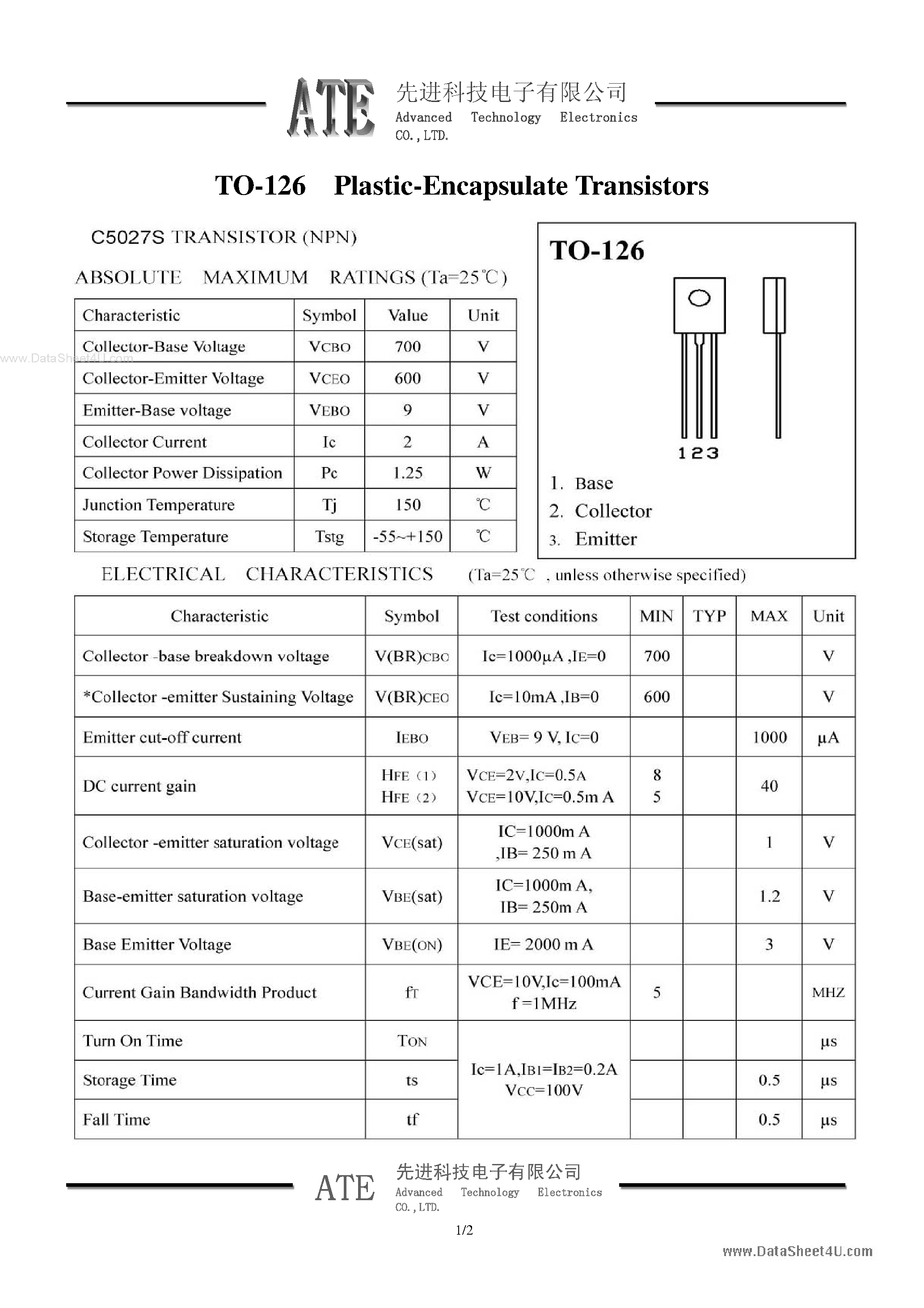 Даташит на микросхему C5027S страница 1 Даташит C5027S - Plastic-Encapsulate Transistors страница 1