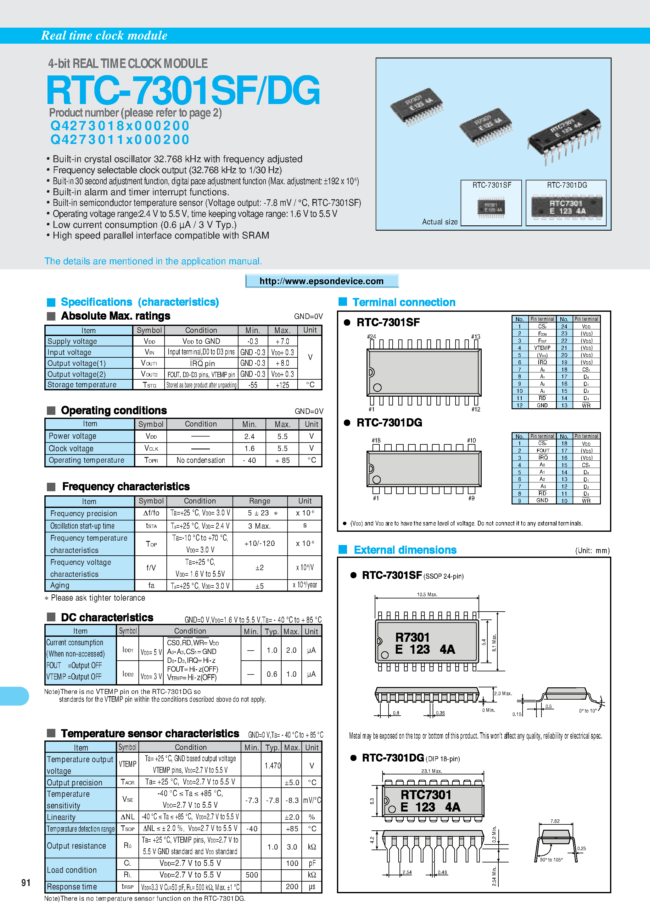 Datasheet RTC-7301DG - (RTC-7301DG/SF) 4-bit REAL TIME CLOCK MODULE page 1